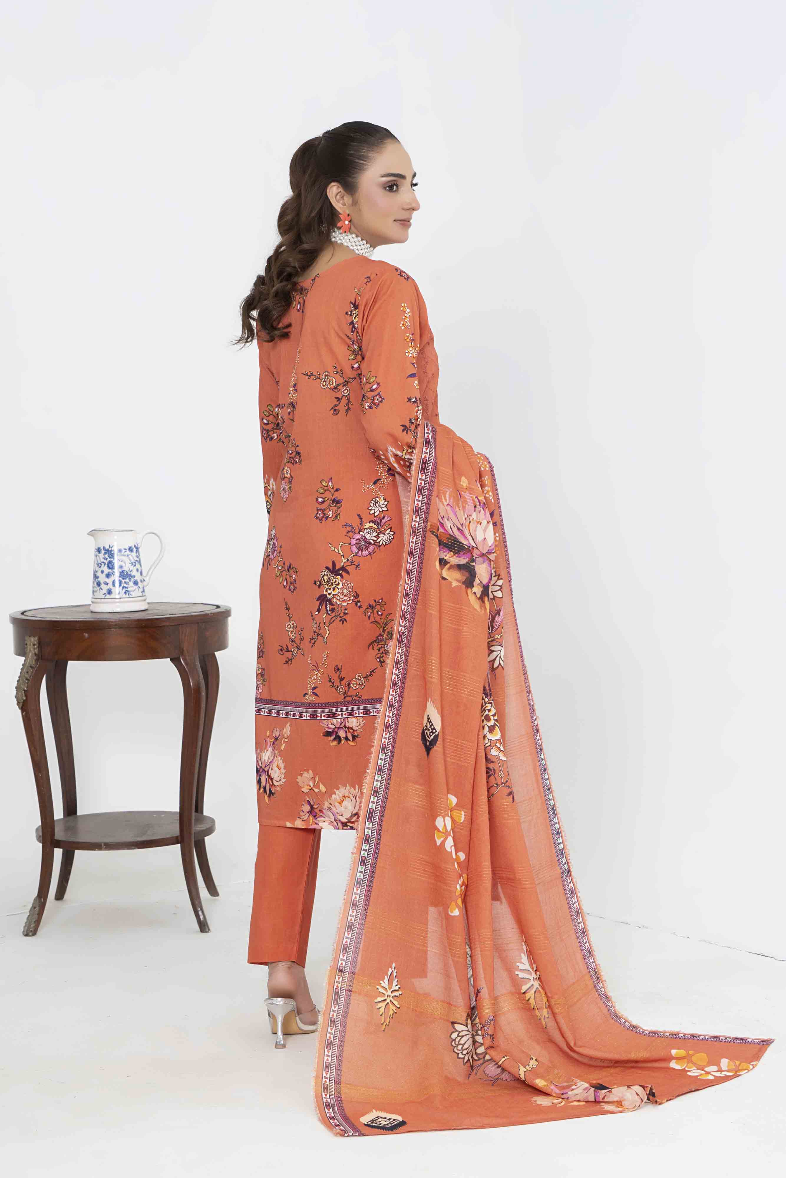 Luxury Orange Printed Embroidered 3 Pcs Lawn Set