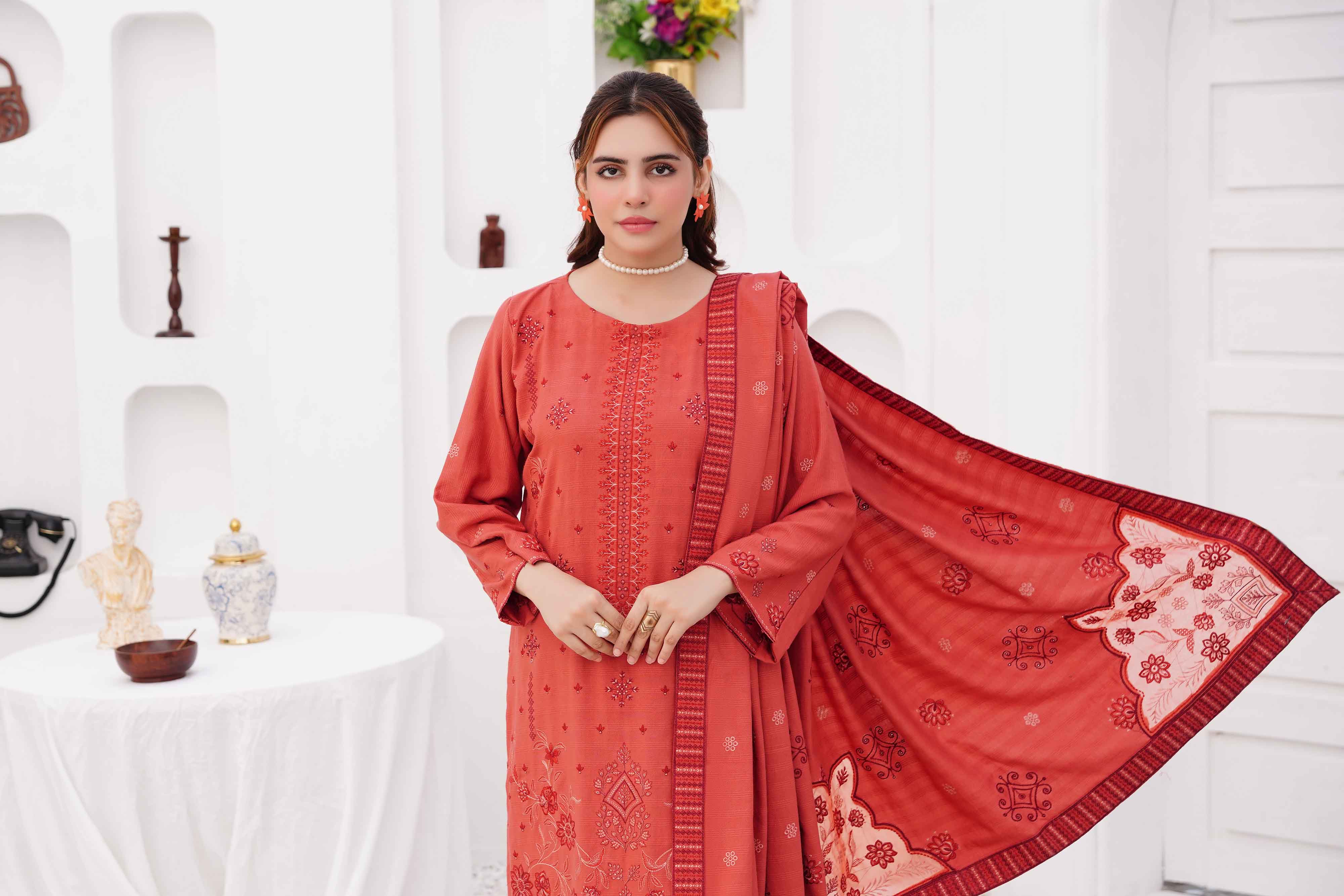 Luxury Peach 3 pcs Embroidered Dhanak Dora Set