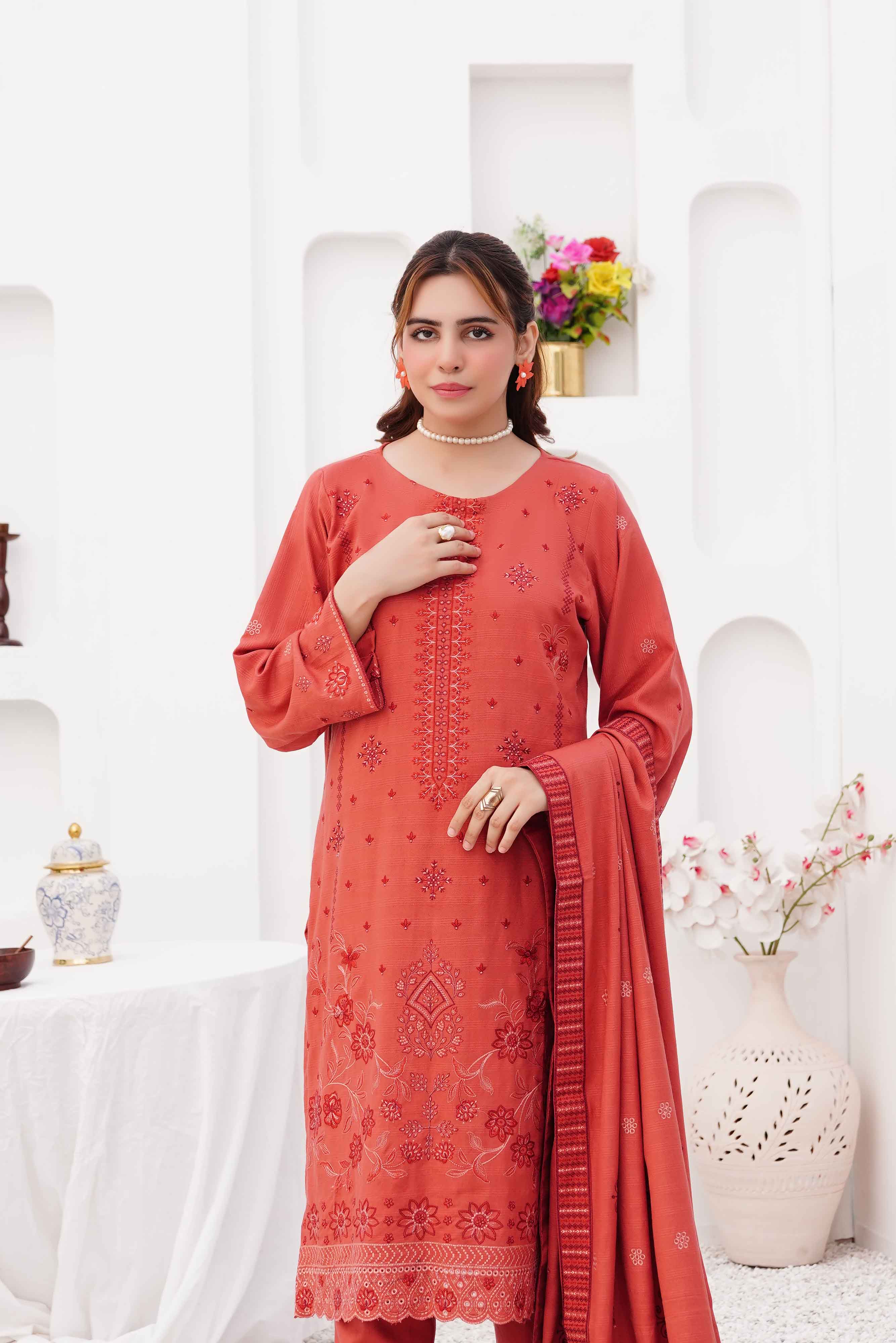 Luxury Peach 3 pcs Embroidered Dhanak Dora Set