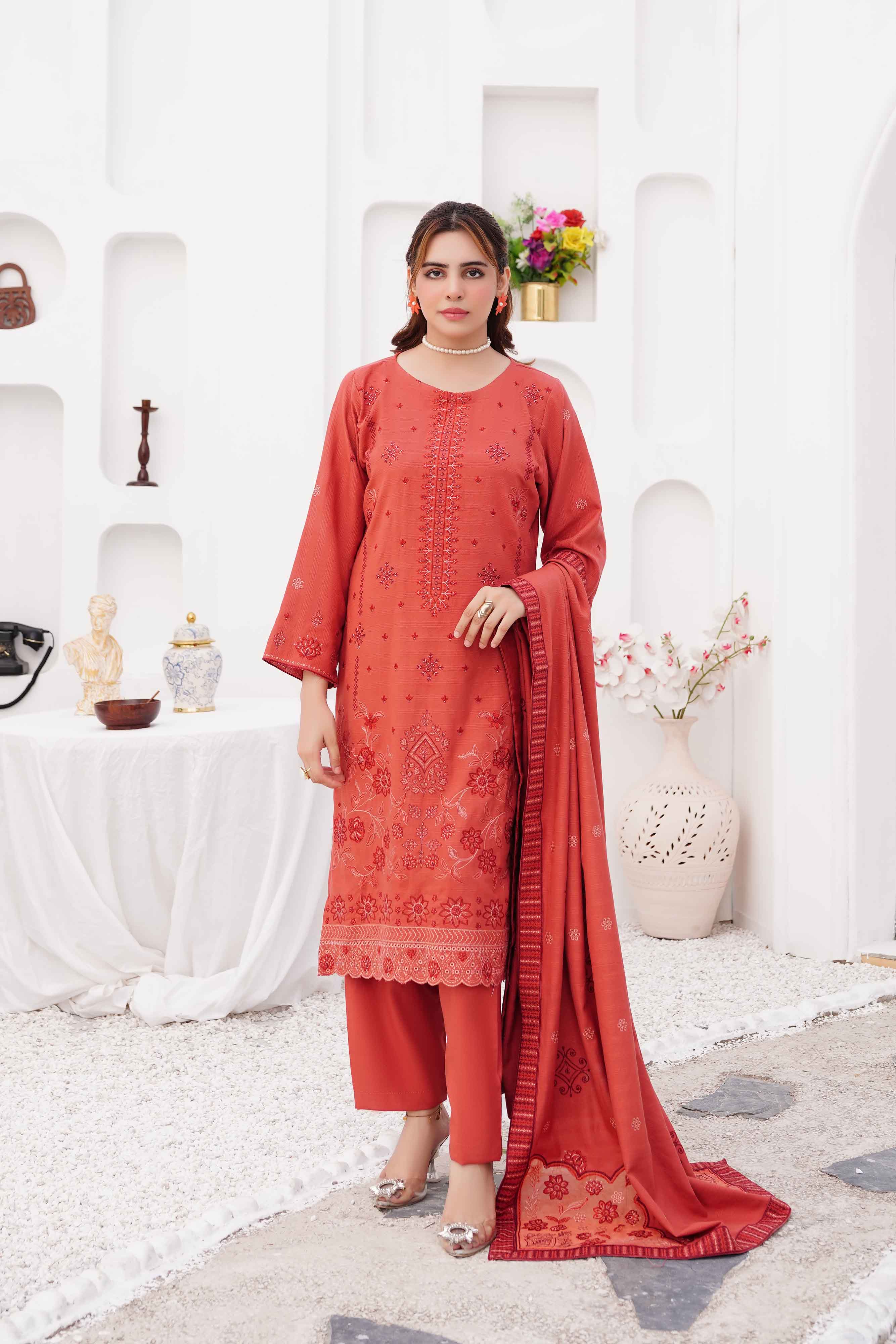 Luxury Peach 3 pcs Embroidered Dhanak Dora Set