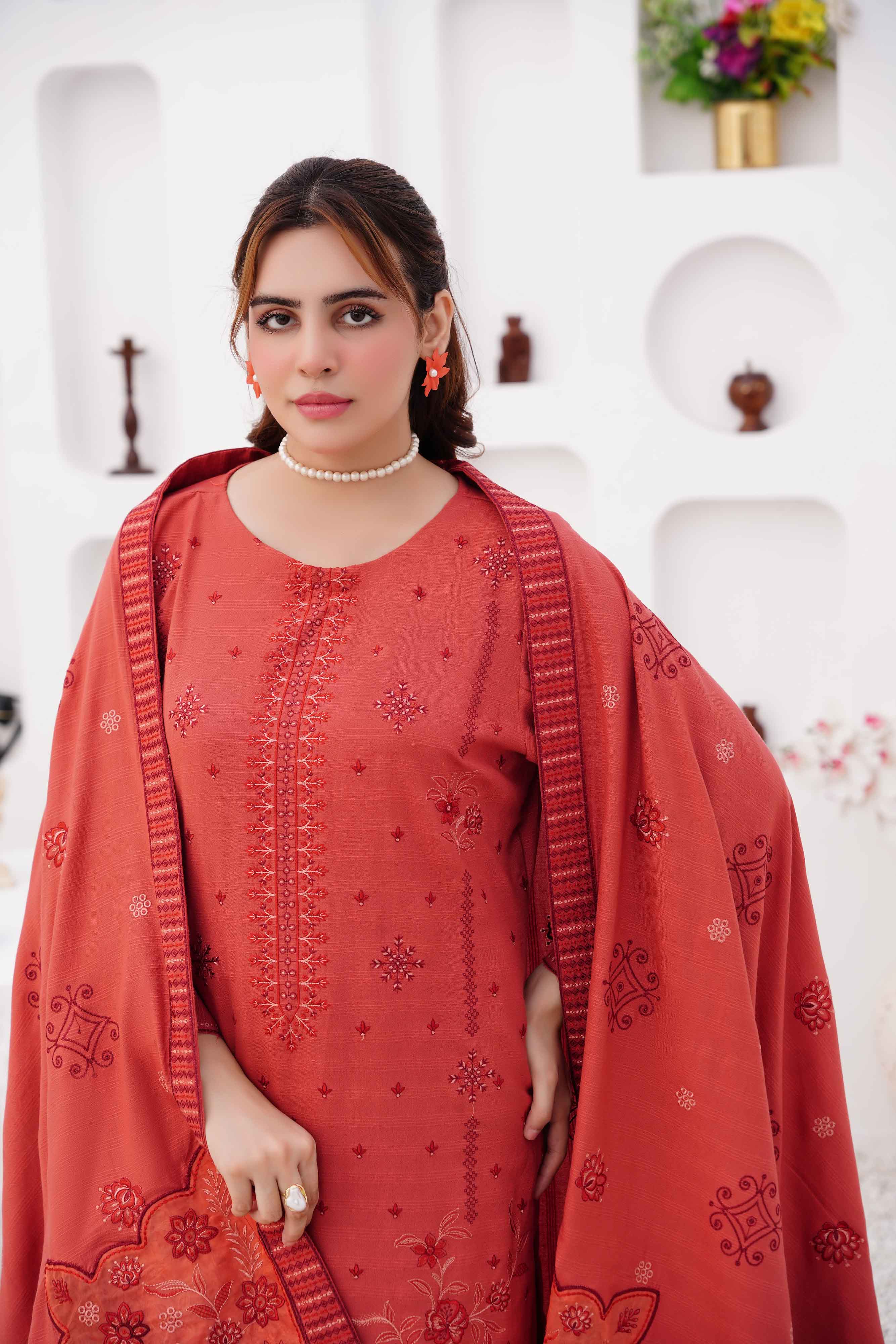 Luxury Peach 3 pcs Embroidered Dhanak Dora Set