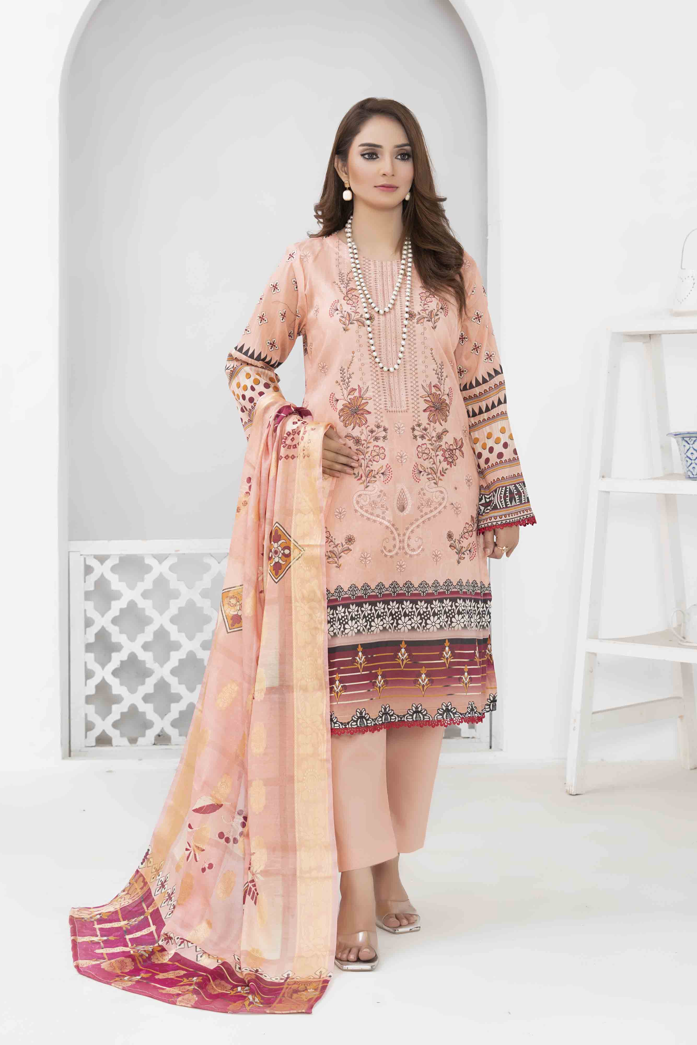 Luxury Peach Printed Embroidered 3 Pcs Lawn Set