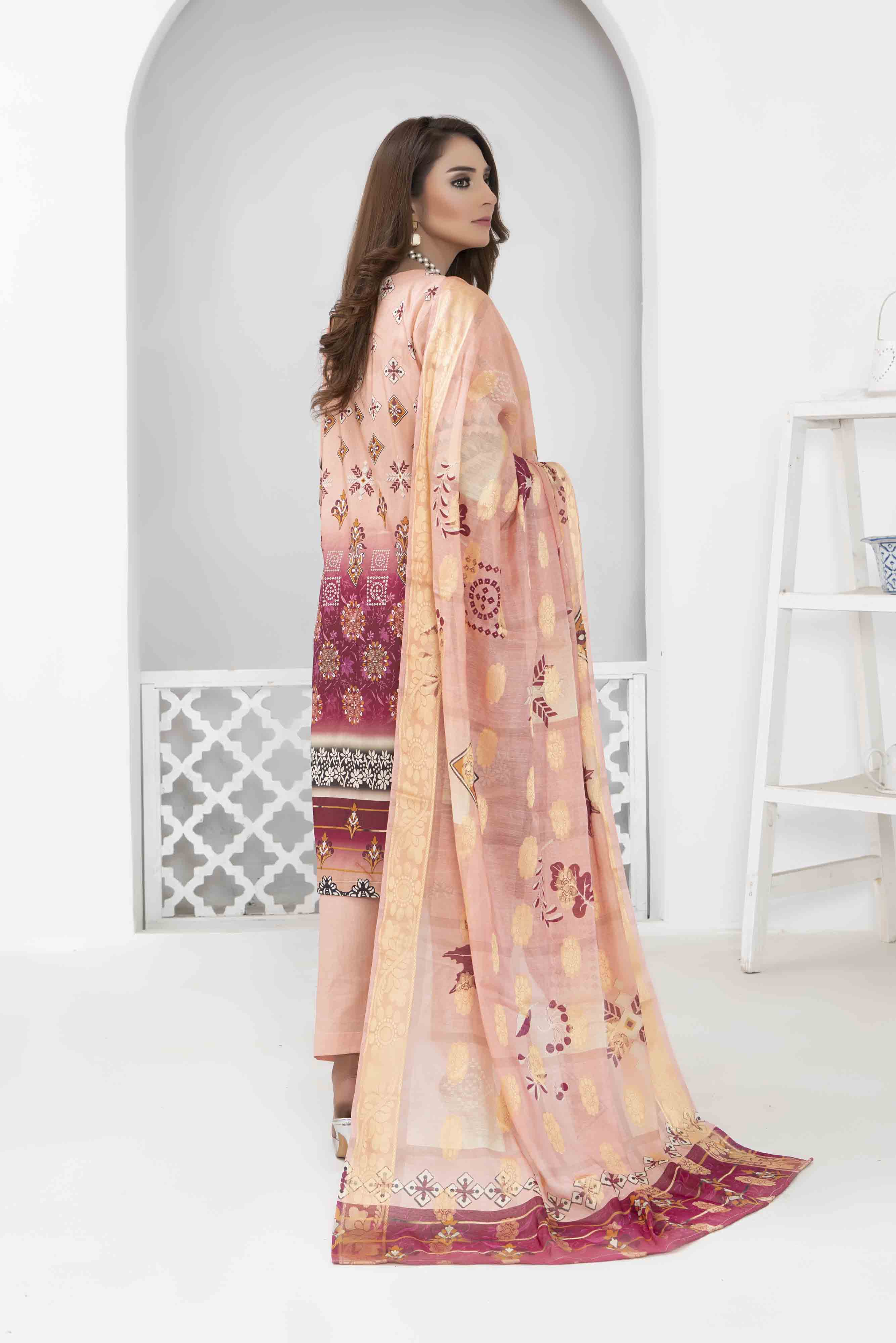 Luxury Peach Printed Embroidered 3 Pcs Lawn Set