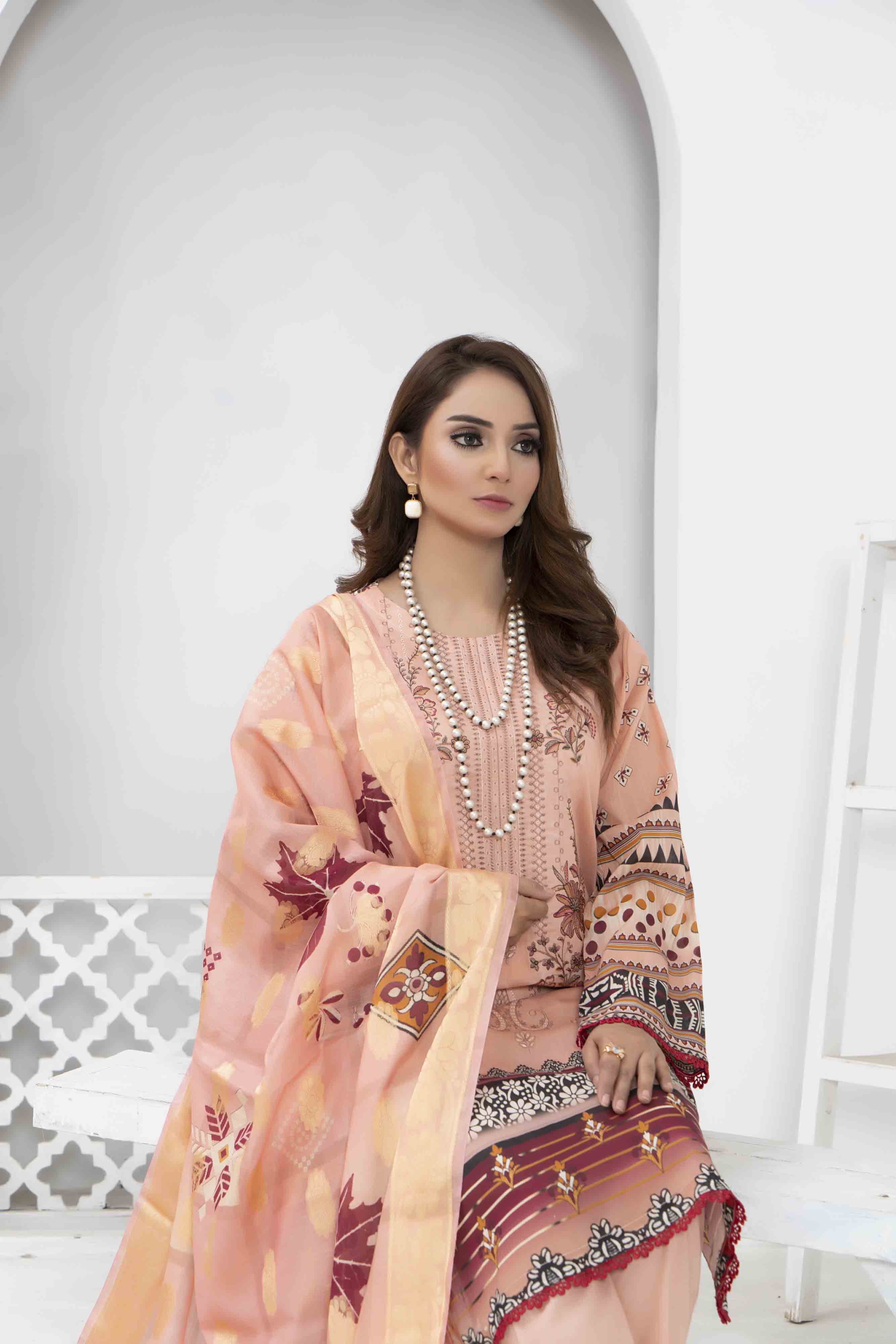 Luxury Peach Printed Embroidered 3 Pcs Lawn Set