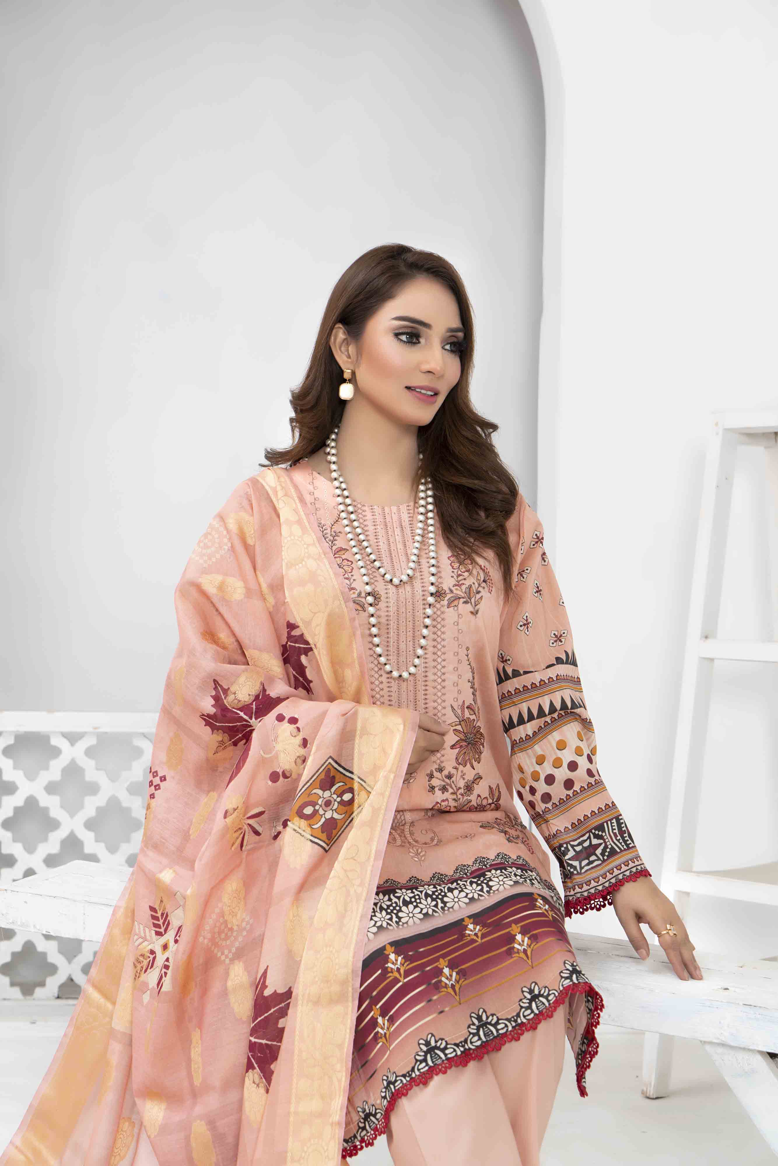 Luxury Peach Printed Embroidered 3 Pcs Lawn Set