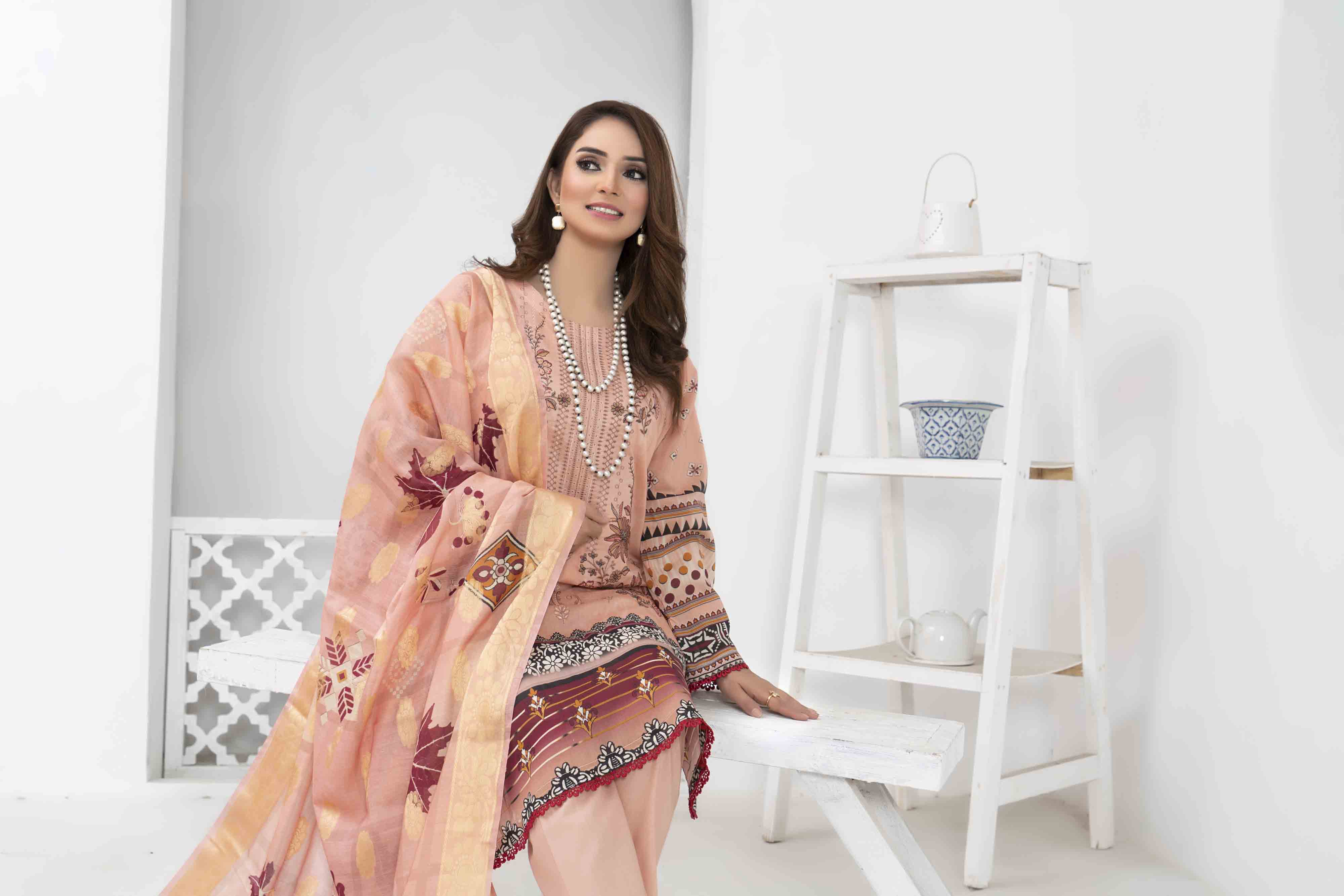 Luxury Peach Printed Embroidered 3 Pcs Lawn Set