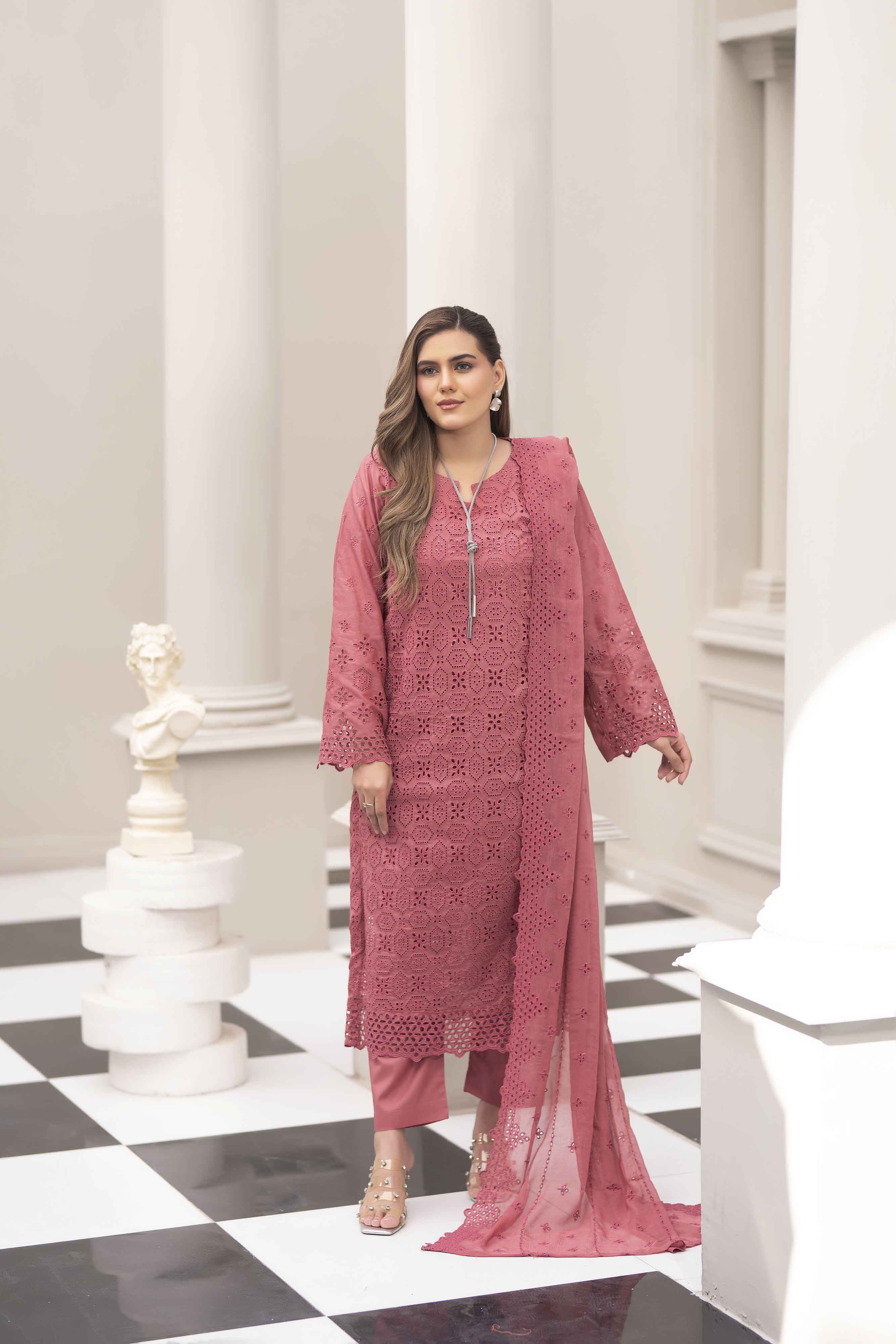 Luxury Pink 3 Pcs Schiffli Embroidered Luxury Lawn Set