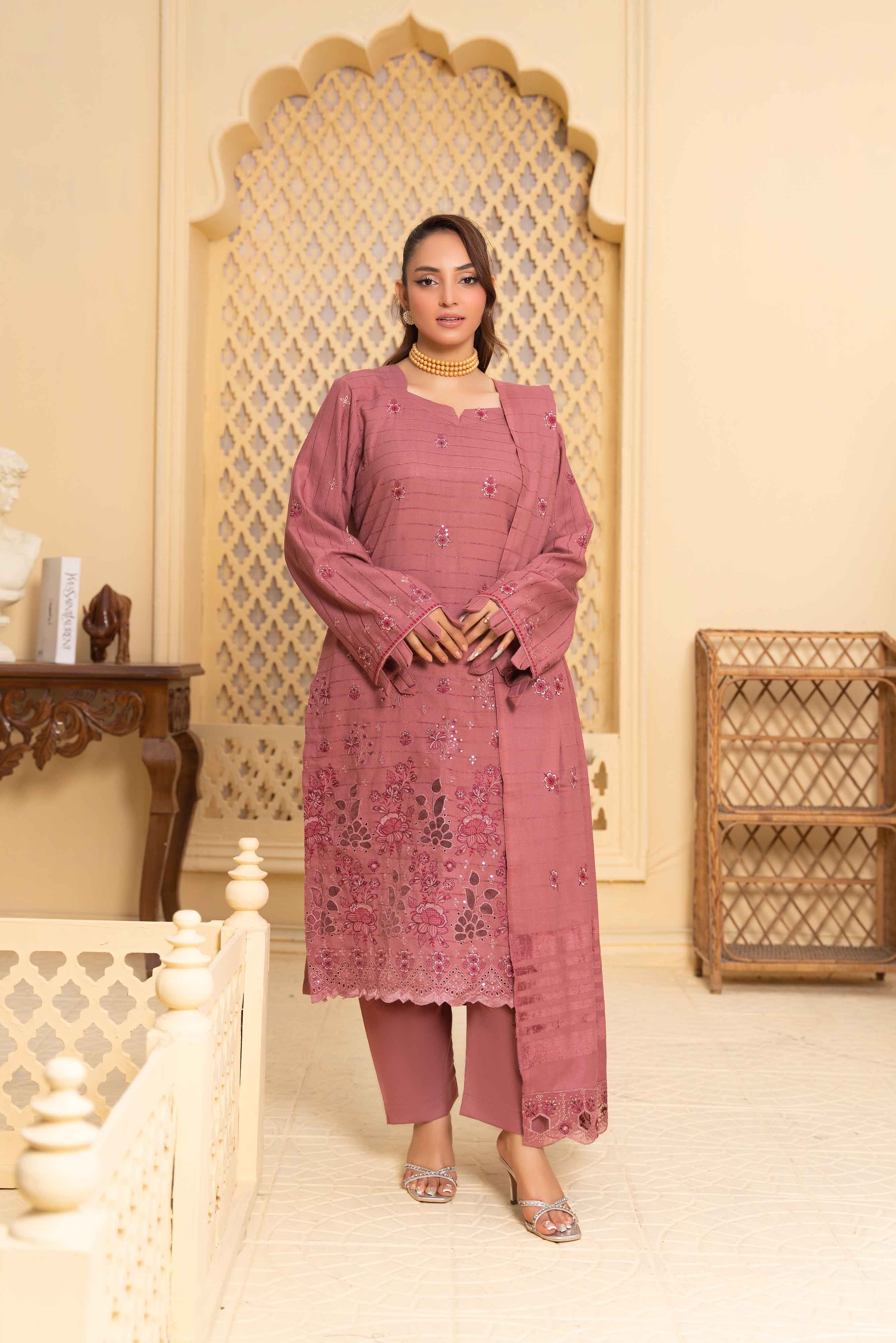 Luxury Pink 3 Pcs Dhanak Embroidered Applique suit