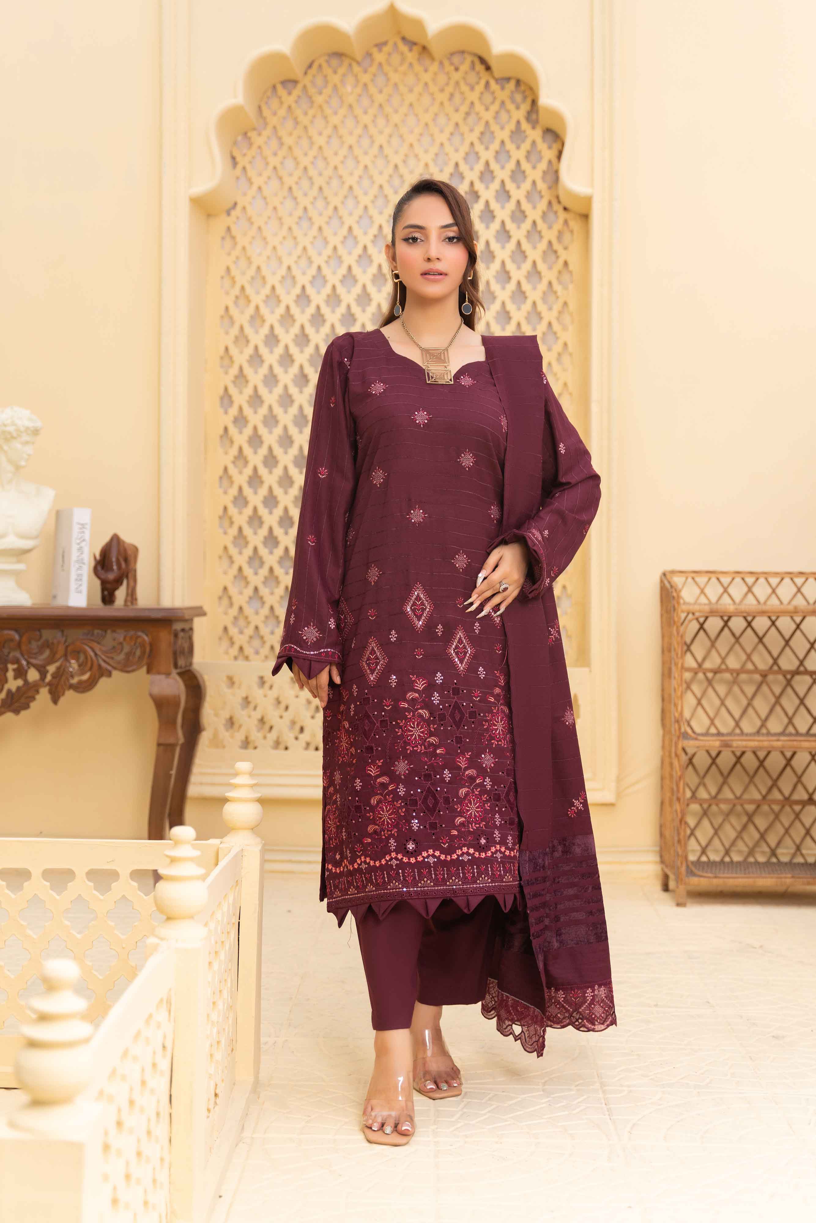 Luxury Plum 3 Pcs Dhanak Embroidered Applique suit