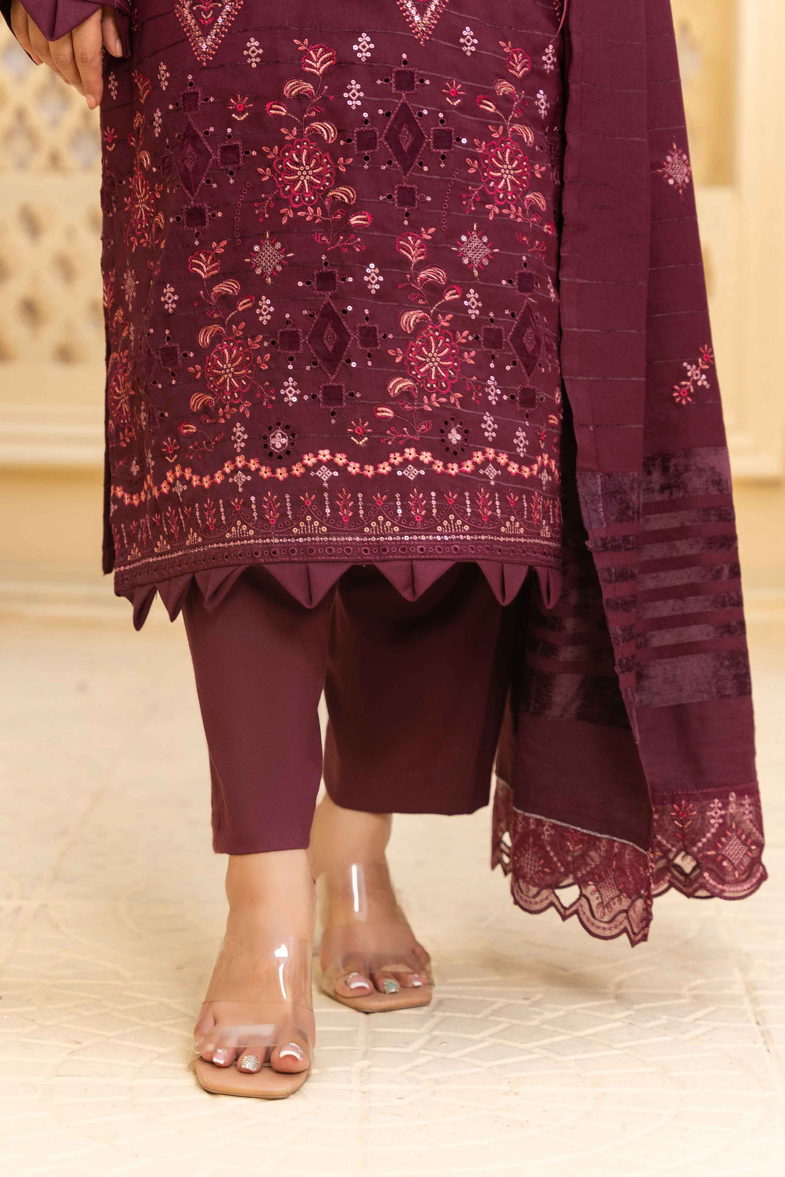 Luxury Plum 3 Pcs Dhanak Embroidered Applique suit