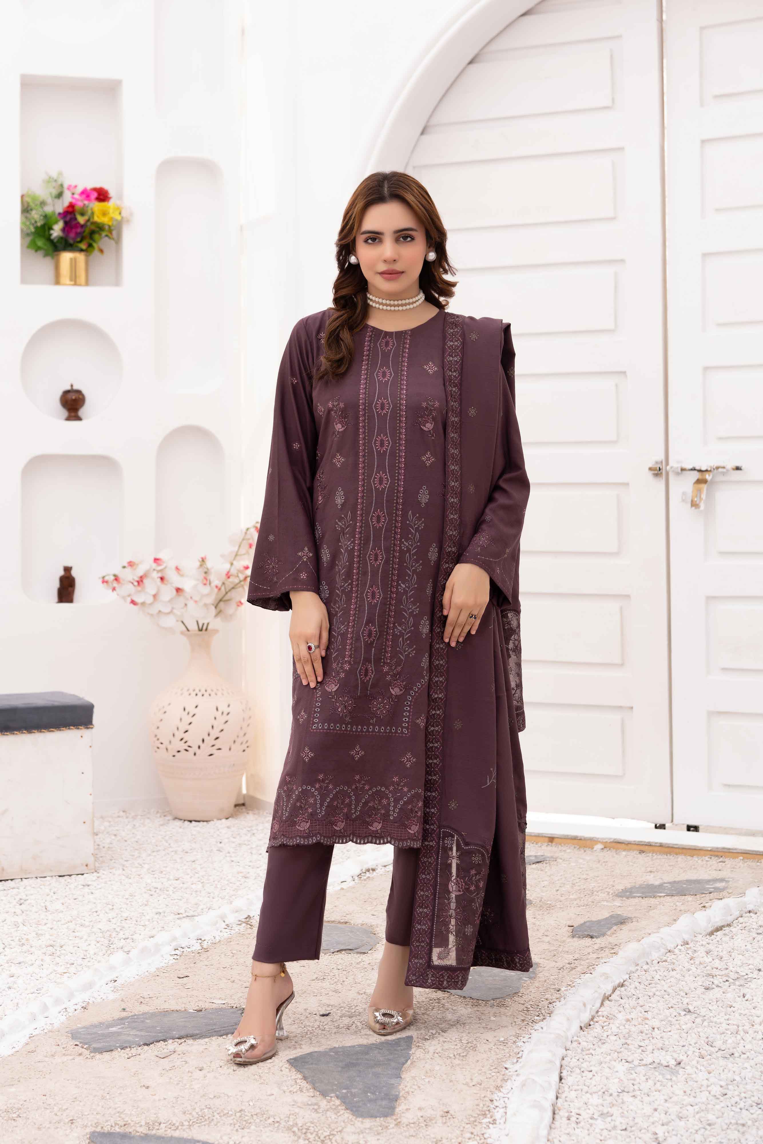 Luxury Plum 3 pcs Embroidered Dhanak Dora Set