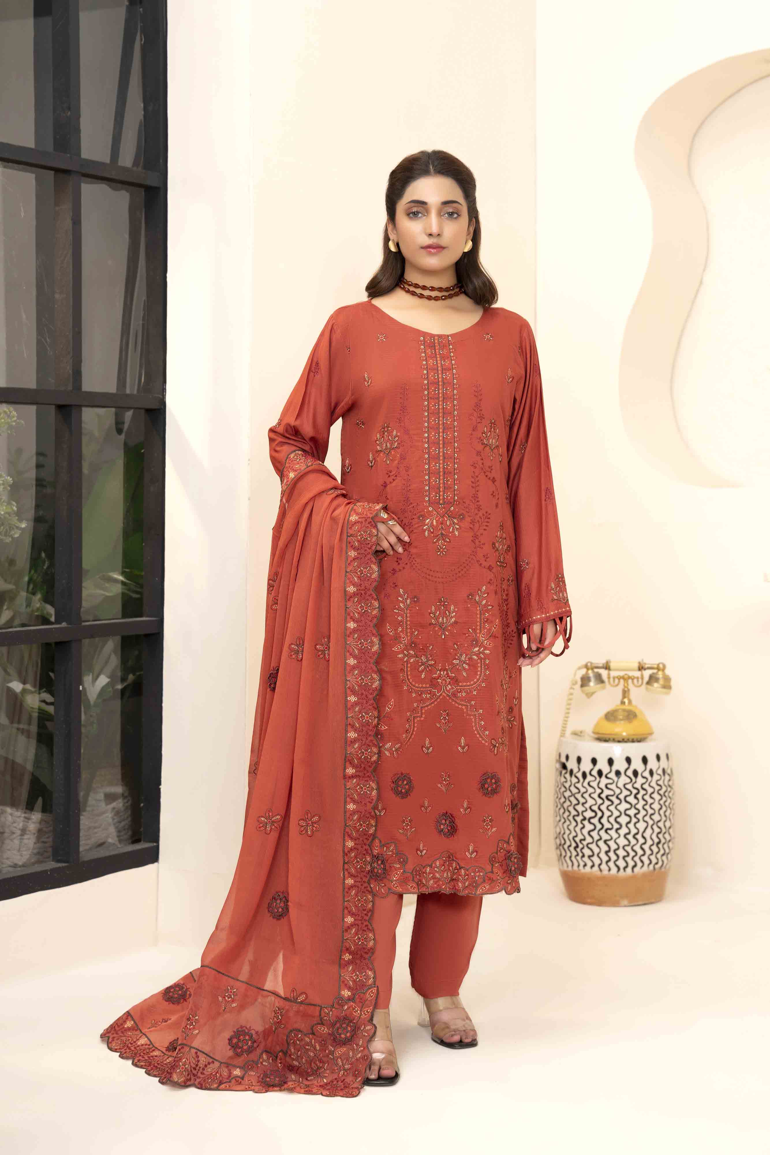 Luxury Rust 3 Pcs Embroidered Viscose Doria Suit