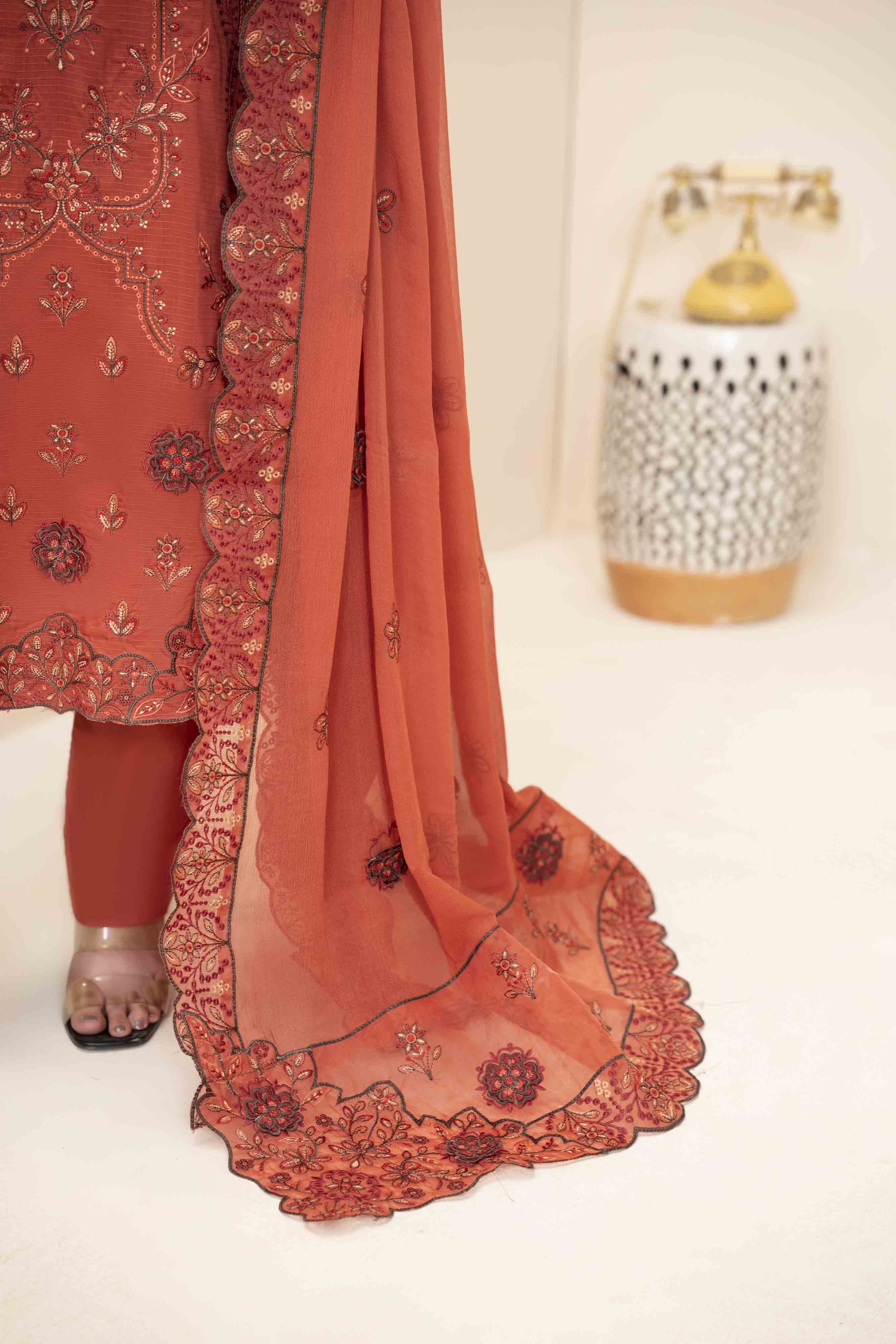 Luxury Rust 3 Pcs Embroidered Viscose Doria Suit