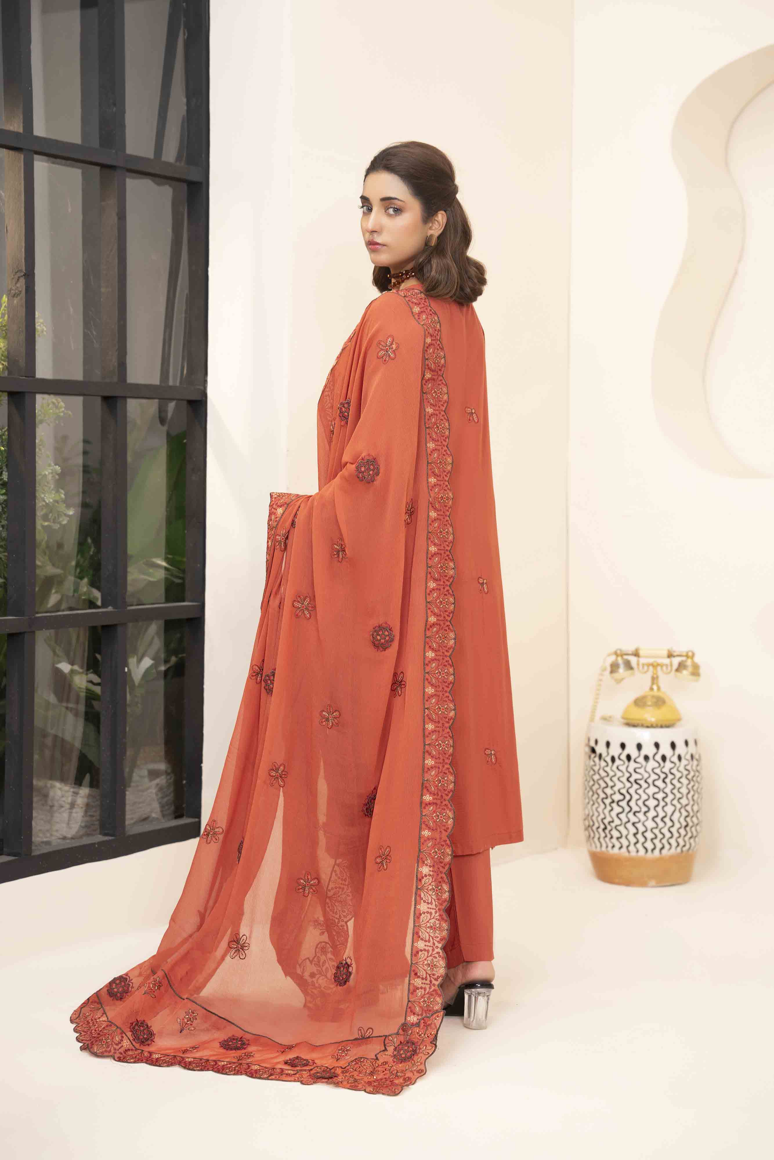 Luxury Rust 3 Pcs Embroidered Viscose Doria Suit