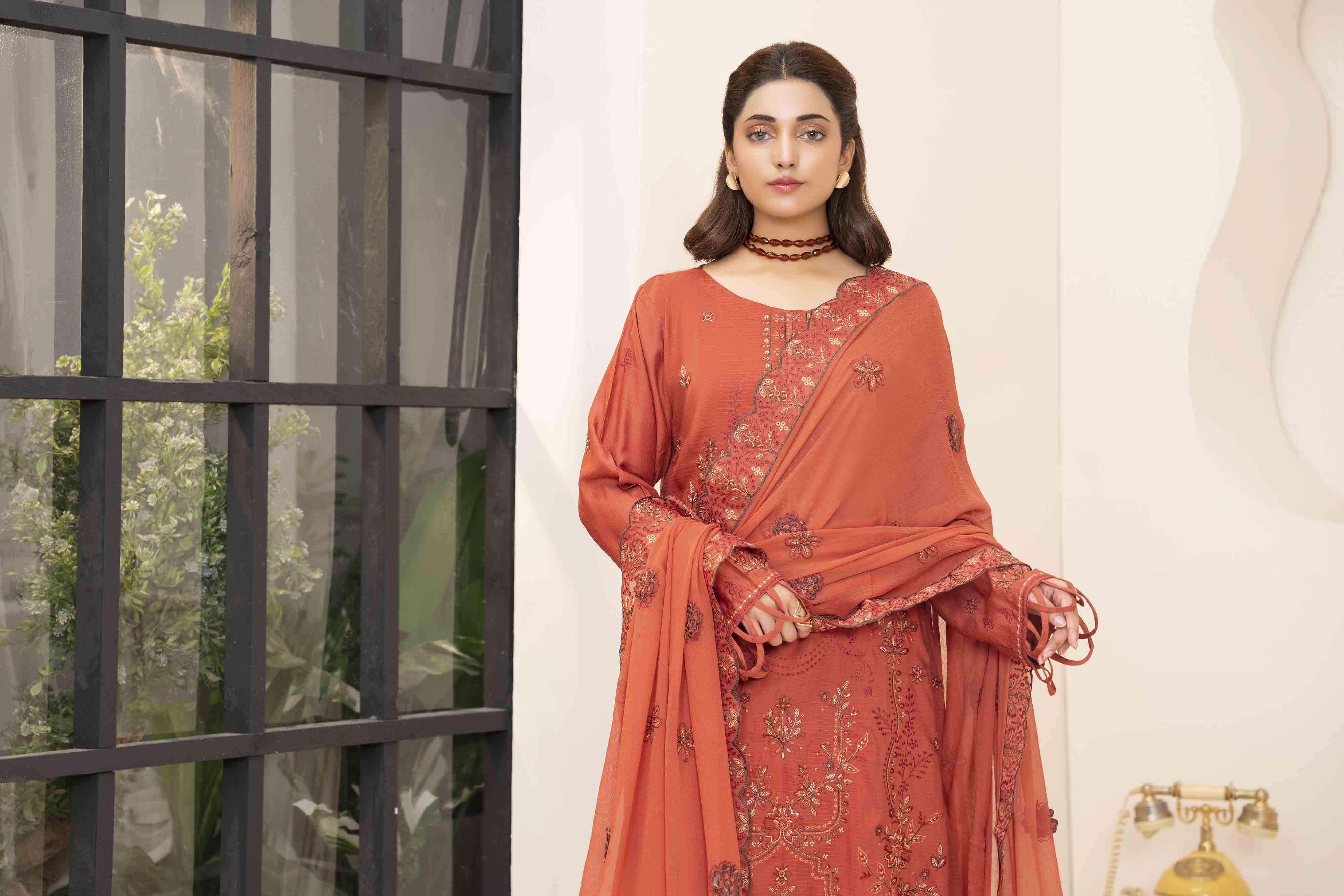 Luxury Rust 3 Pcs Embroidered Viscose Doria Suit