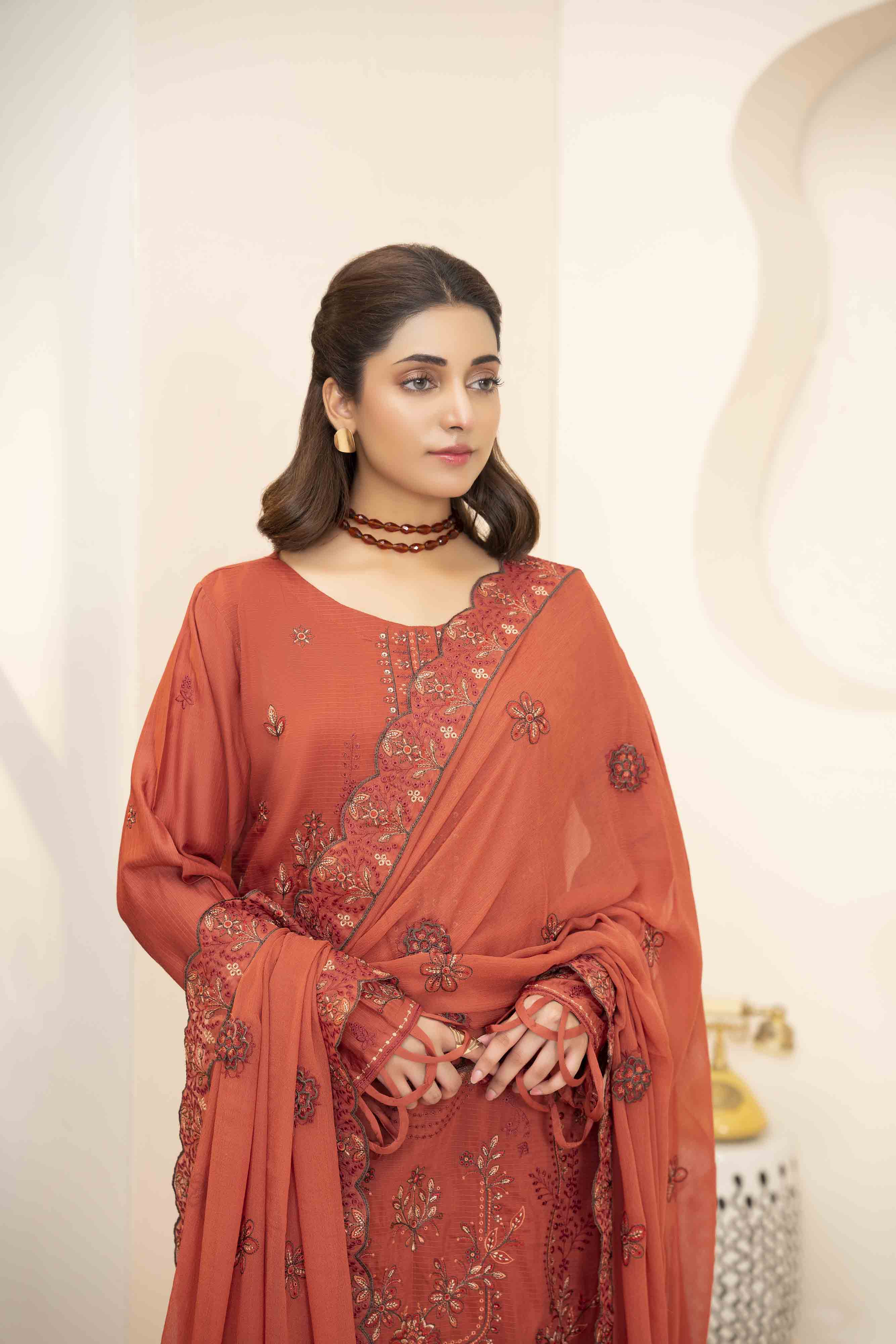 Luxury Rust 3 Pcs Embroidered Viscose Doria Suit