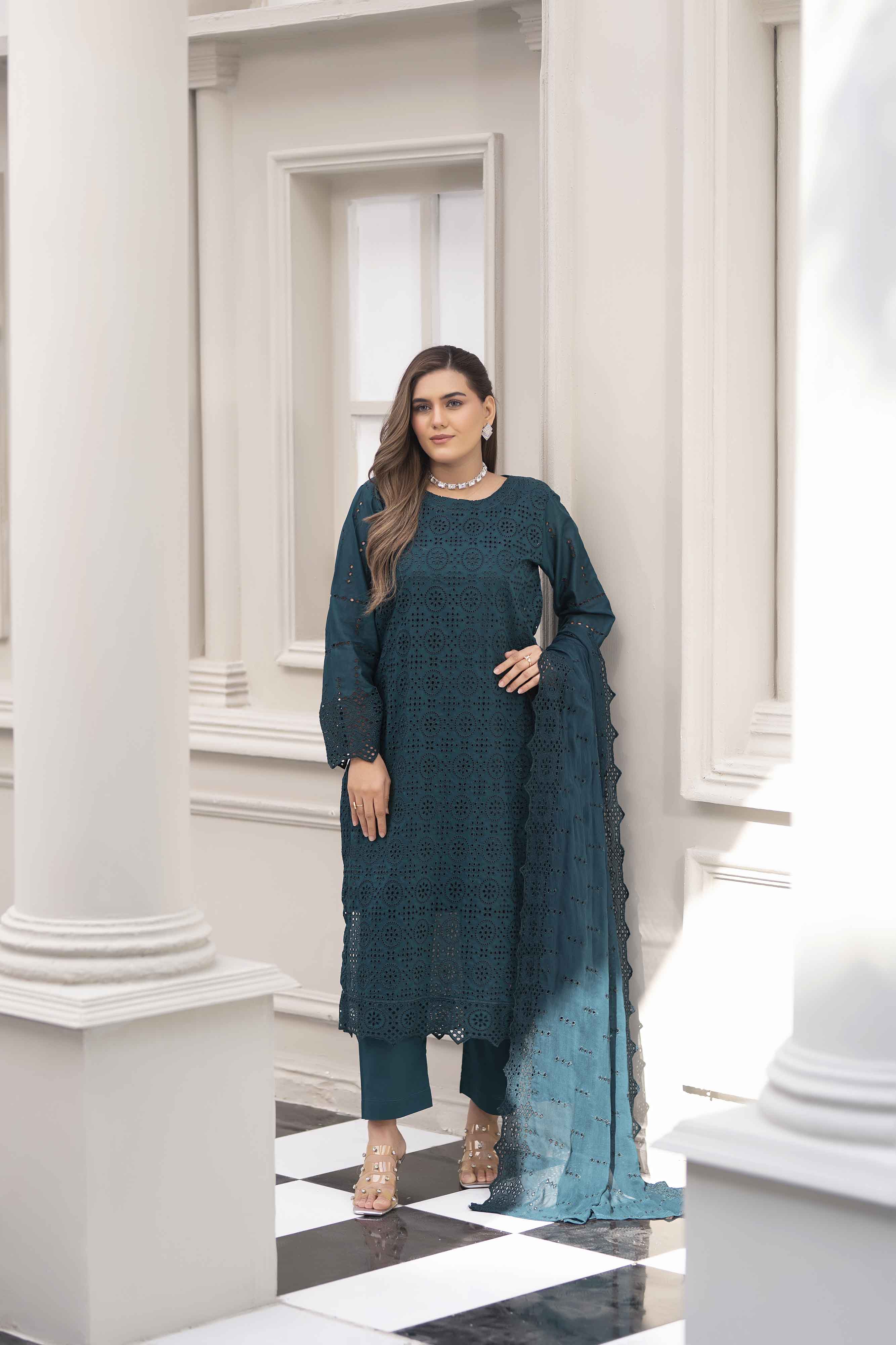 Luxury Teal 3 Pcs Schiffli Embroidered Luxury Lawn Set