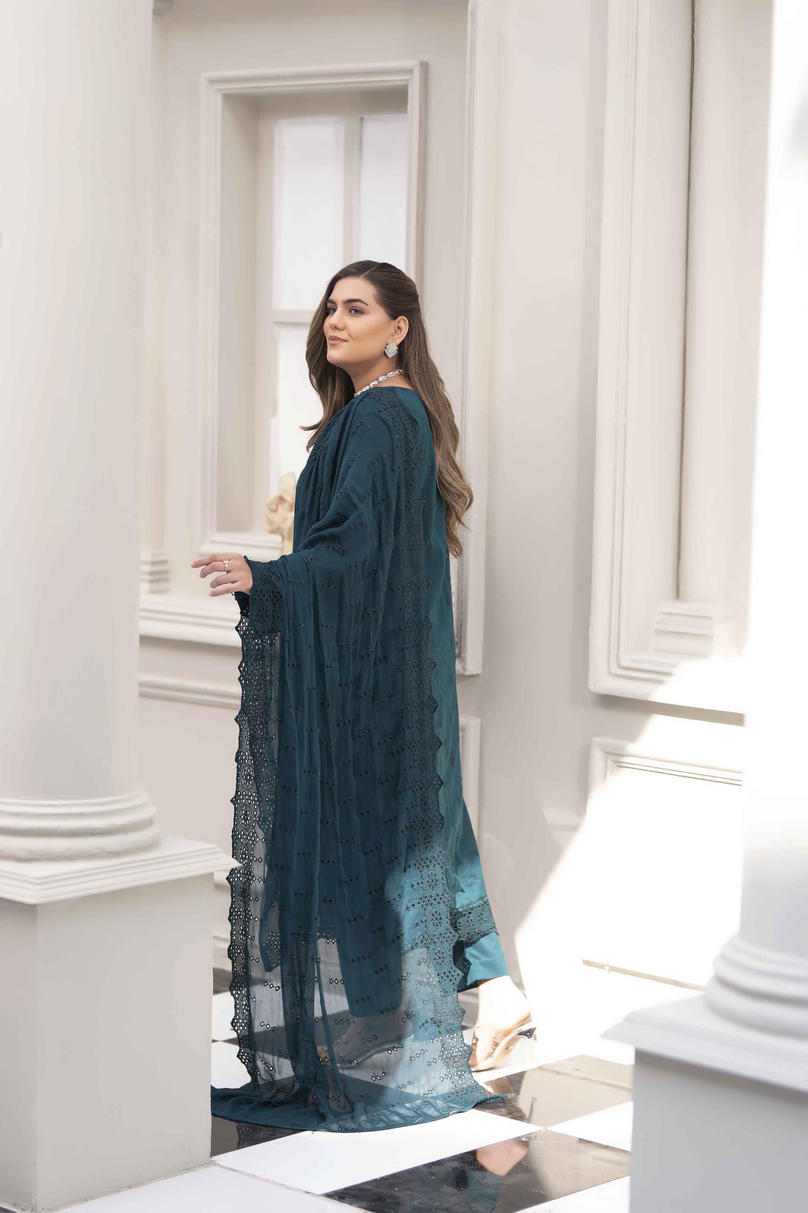 Luxury Teal 3 Pcs Schiffli Embroidered Luxury Lawn Set