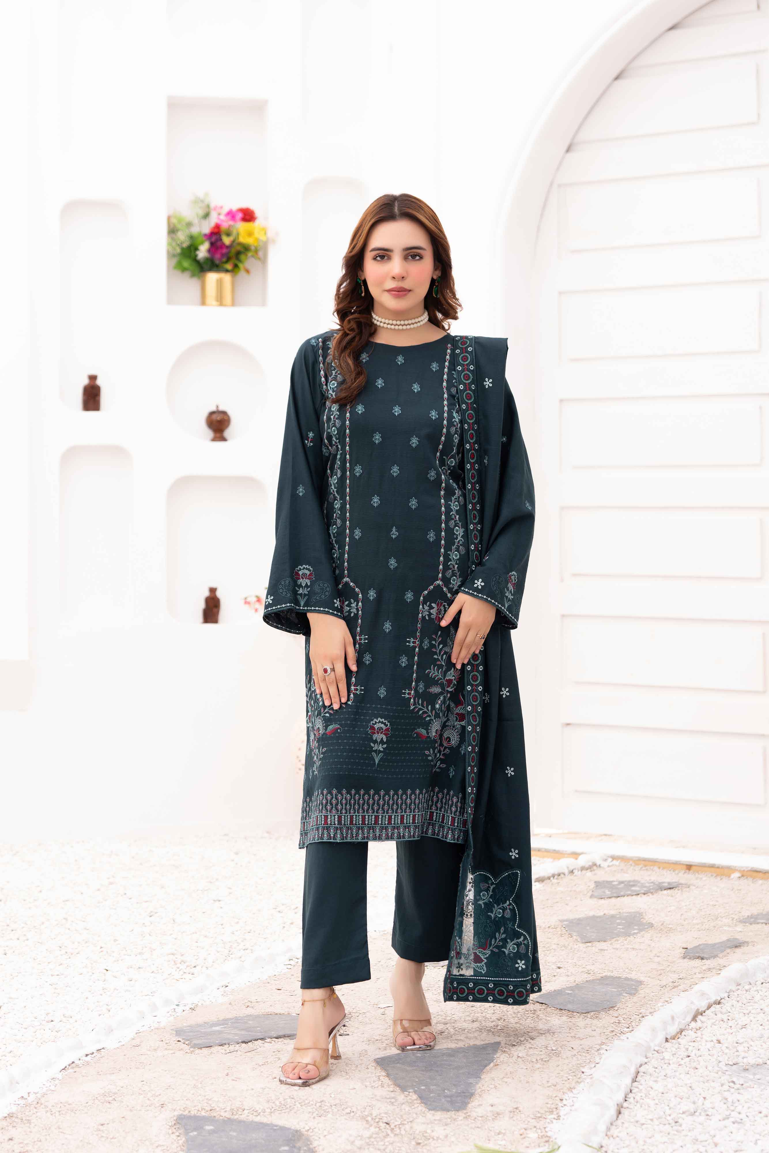 Luxury Teal 3 pcs Embroidered Dhanak Dora Set