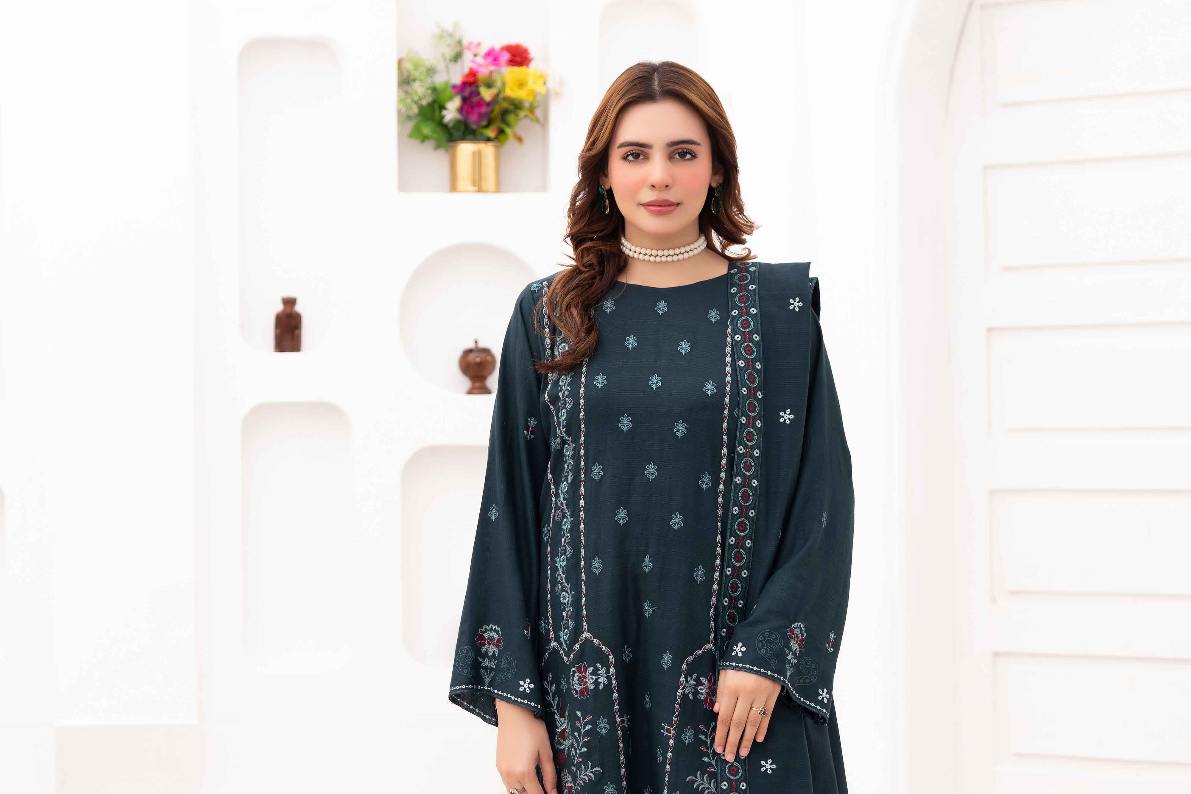 Luxury Teal 3 pcs Embroidered Dhanak Dora Set
