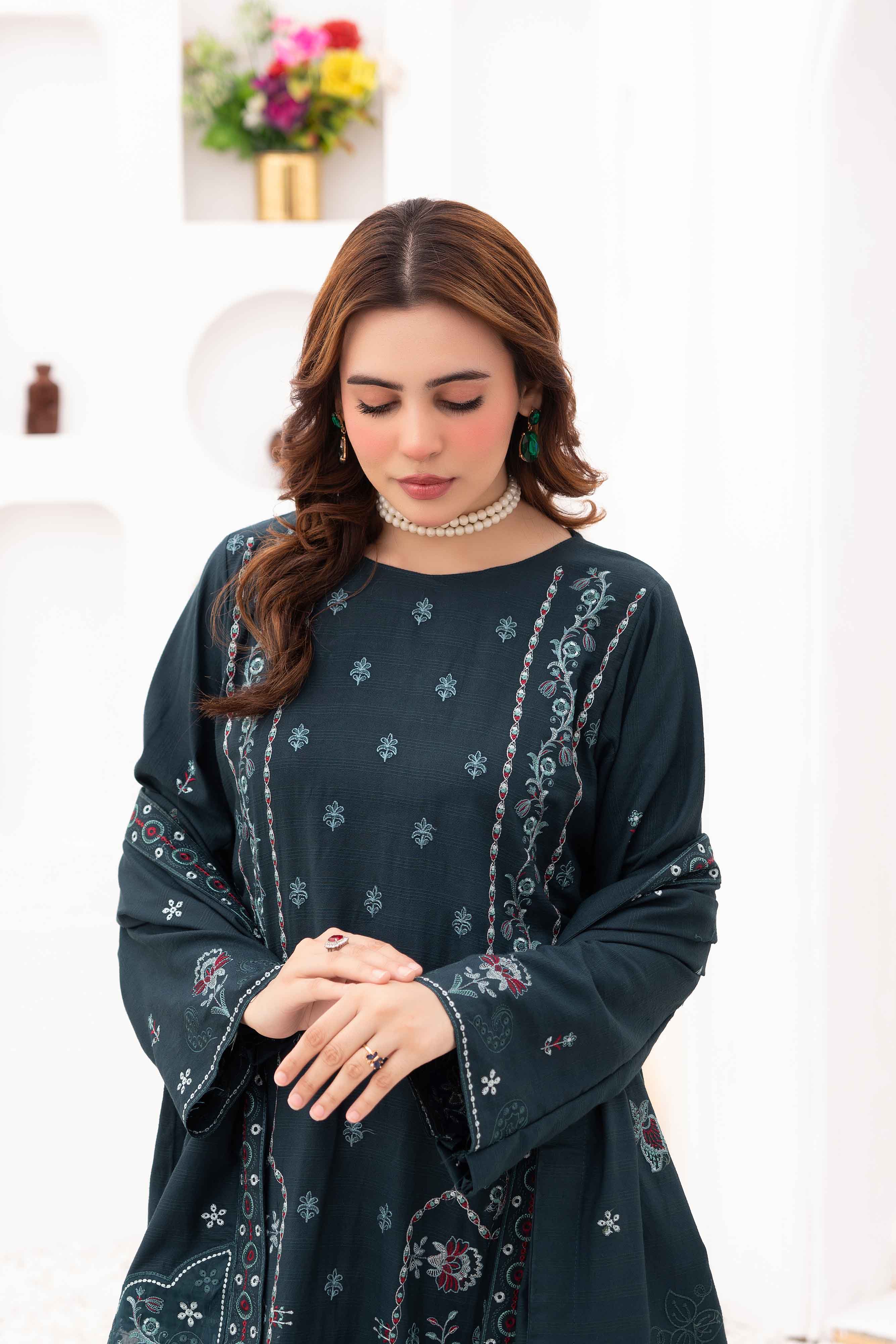 Luxury Teal 3 pcs Embroidered Dhanak Dora Set