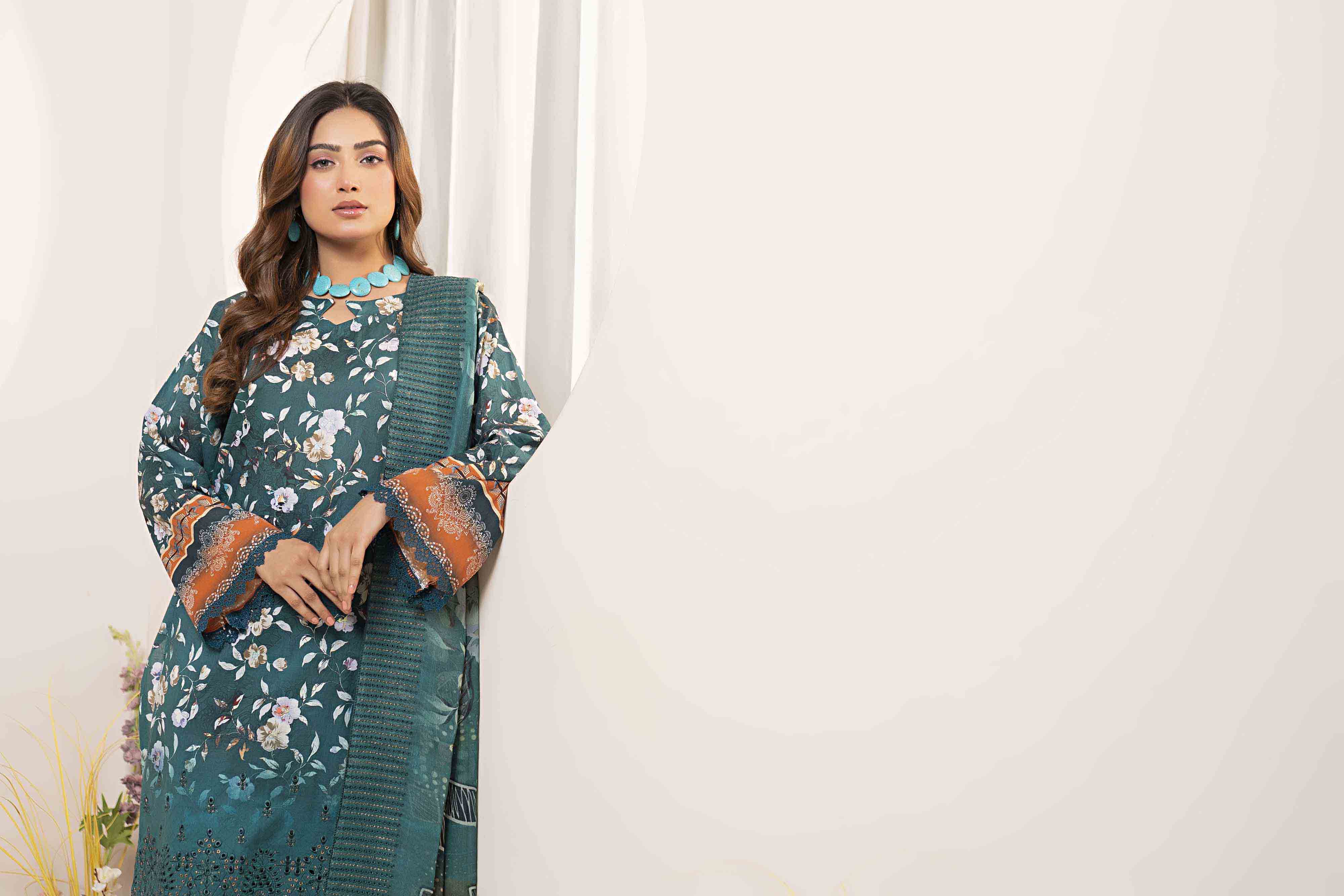 Luxury Teal Embroidered Lawn Set
