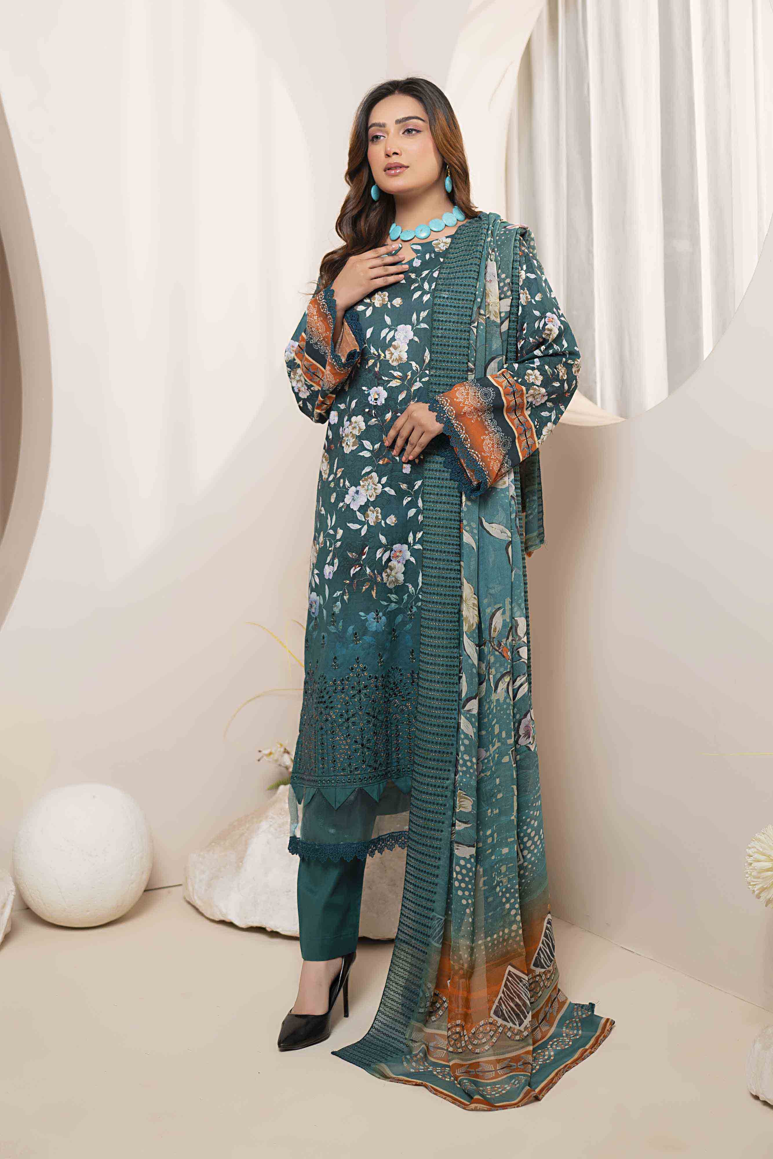 Luxury Teal Embroidered Lawn Set