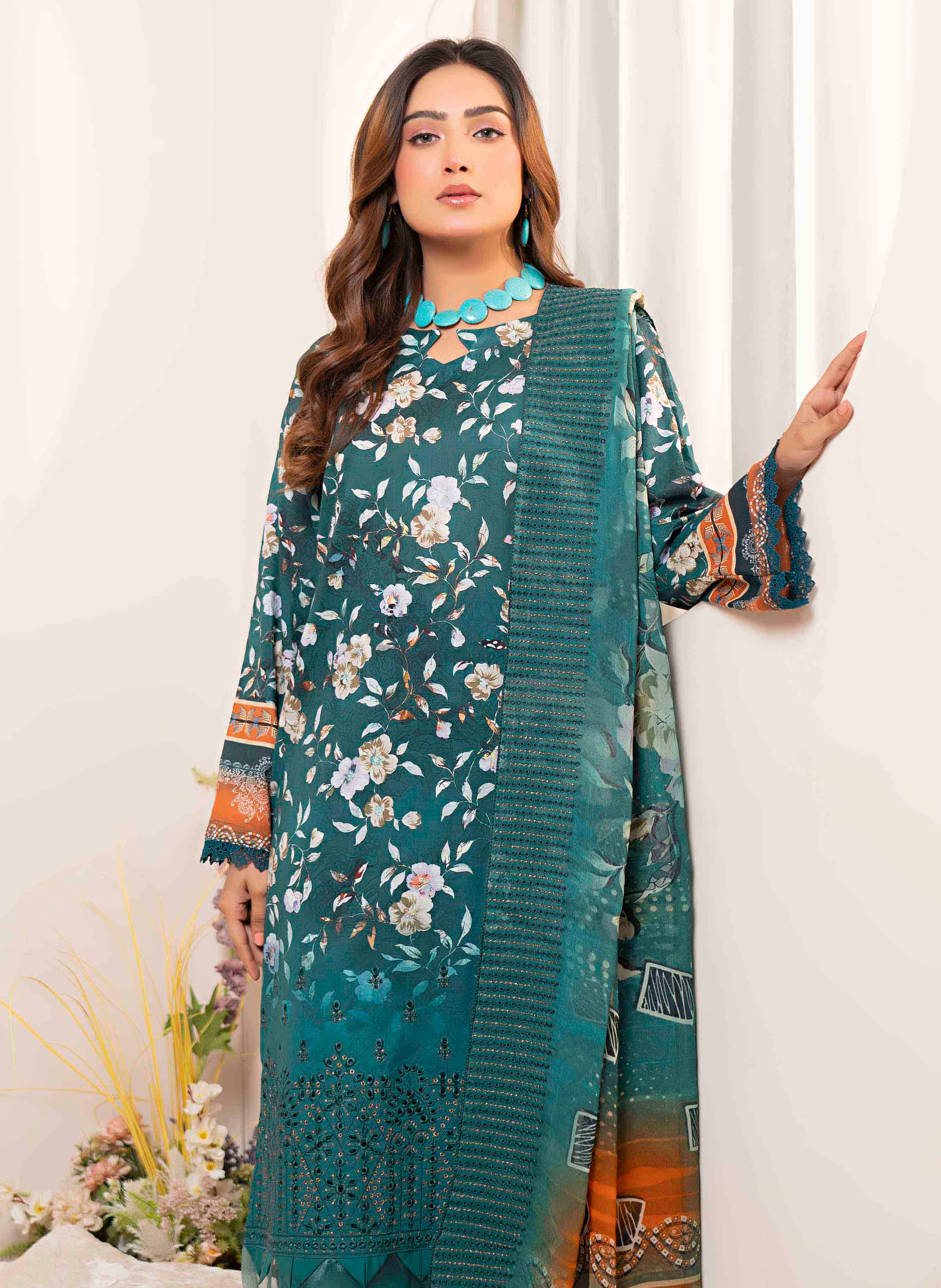 Luxury Teal Embroidered Lawn Set