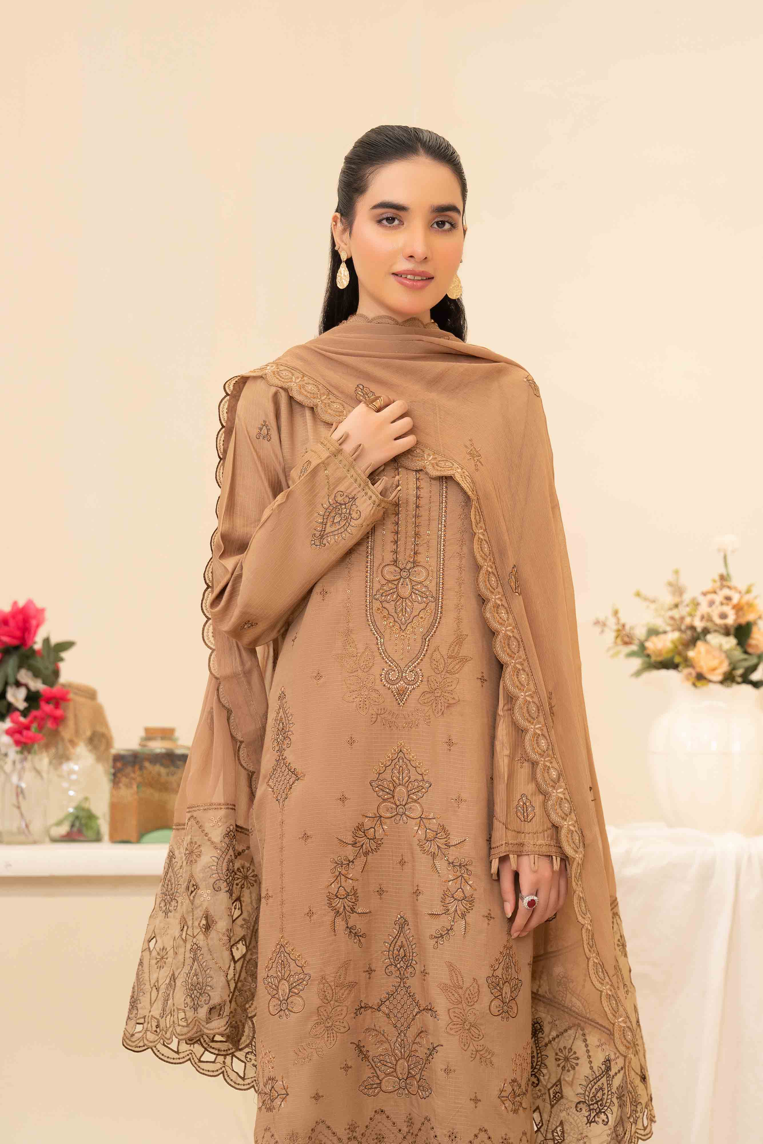 Luxury Beige 3 Pcs Doria Embroidered Viscose Suit