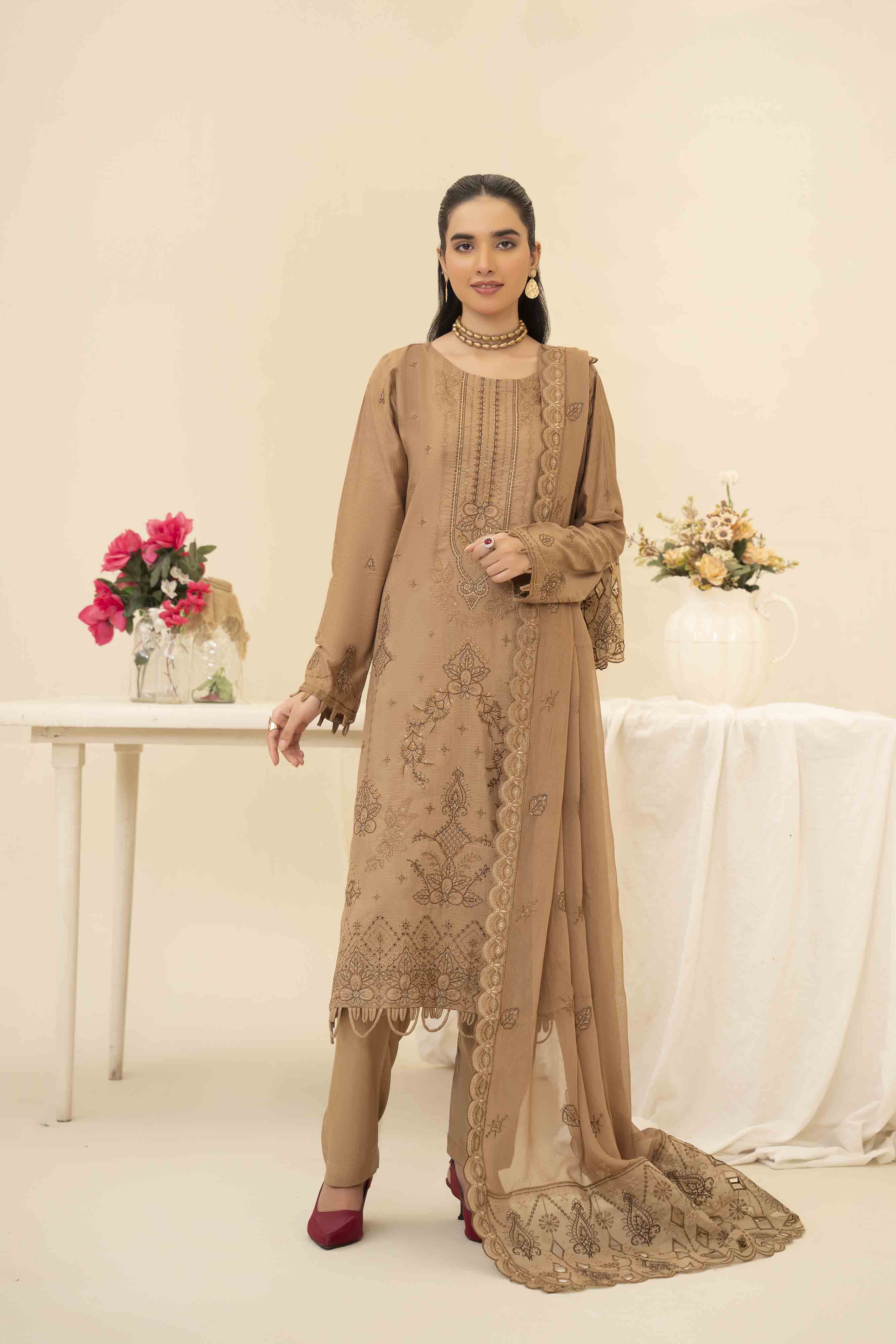 Luxury Beige 3 Pcs Doria Embroidered Viscose Suit
