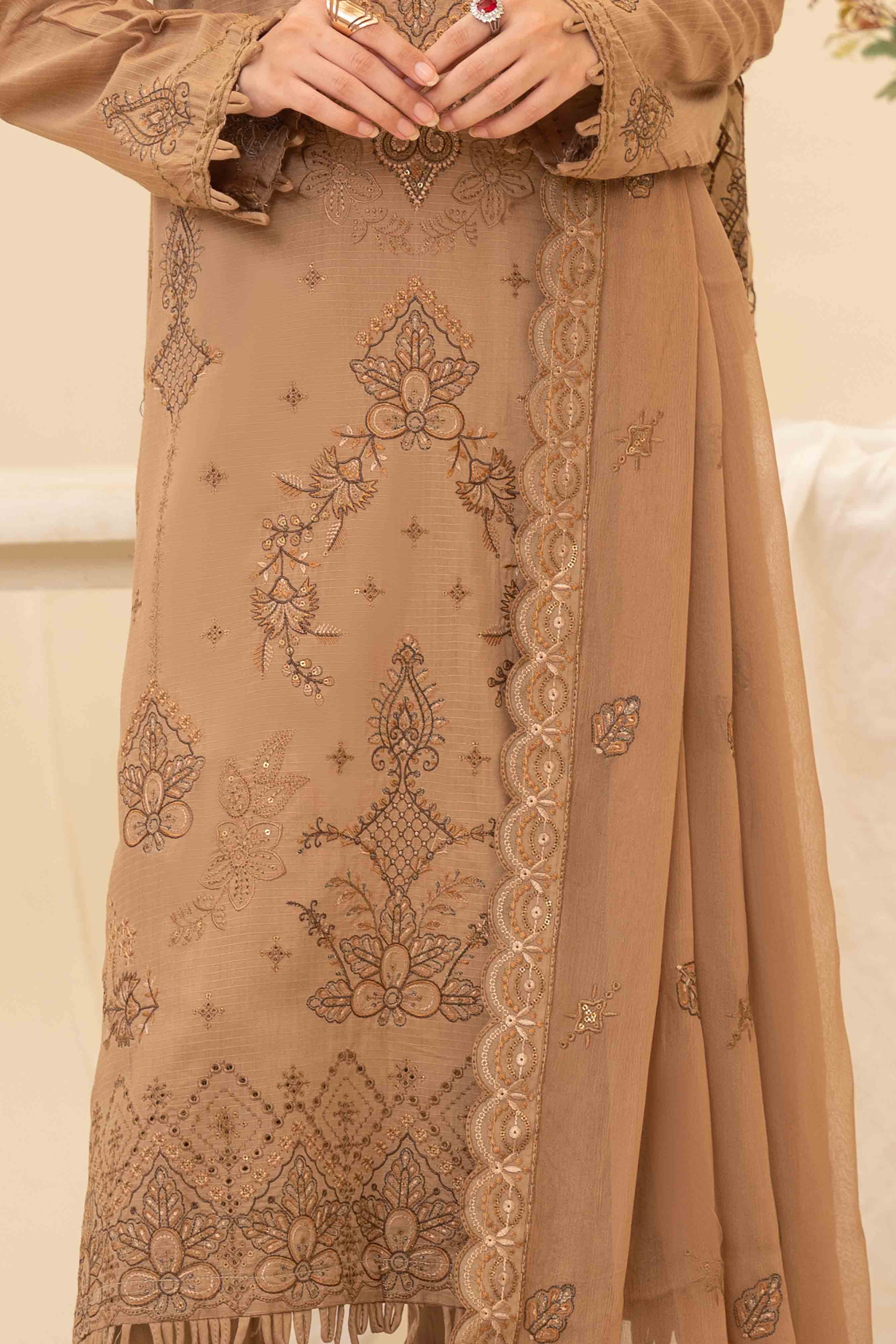 Luxury Beige 3 Pcs Doria Embroidered Viscose Suit