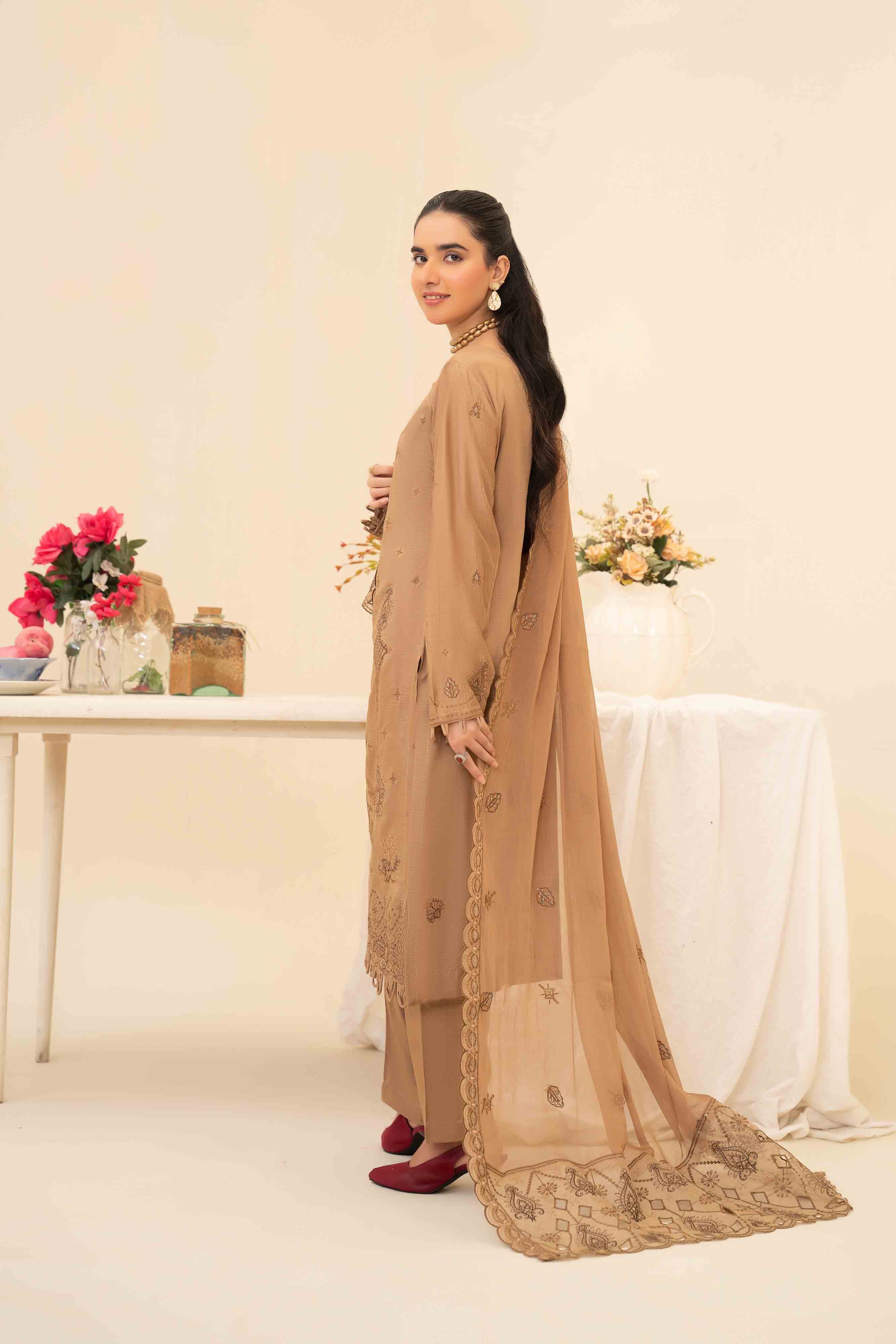 Luxury Beige 3 Pcs Doria Embroidered Viscose Suit