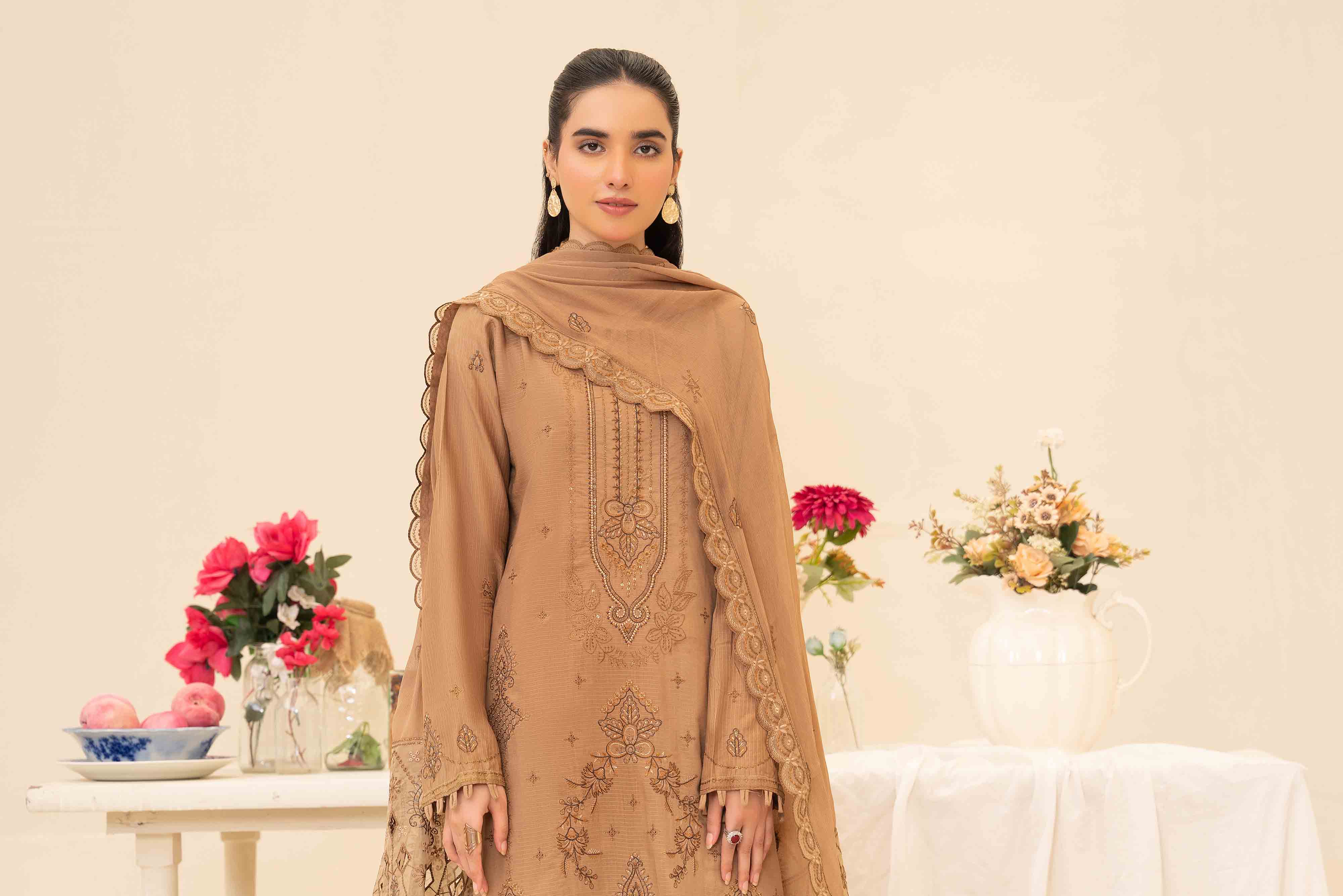 Luxury Beige 3 Pcs Doria Embroidered Viscose Suit