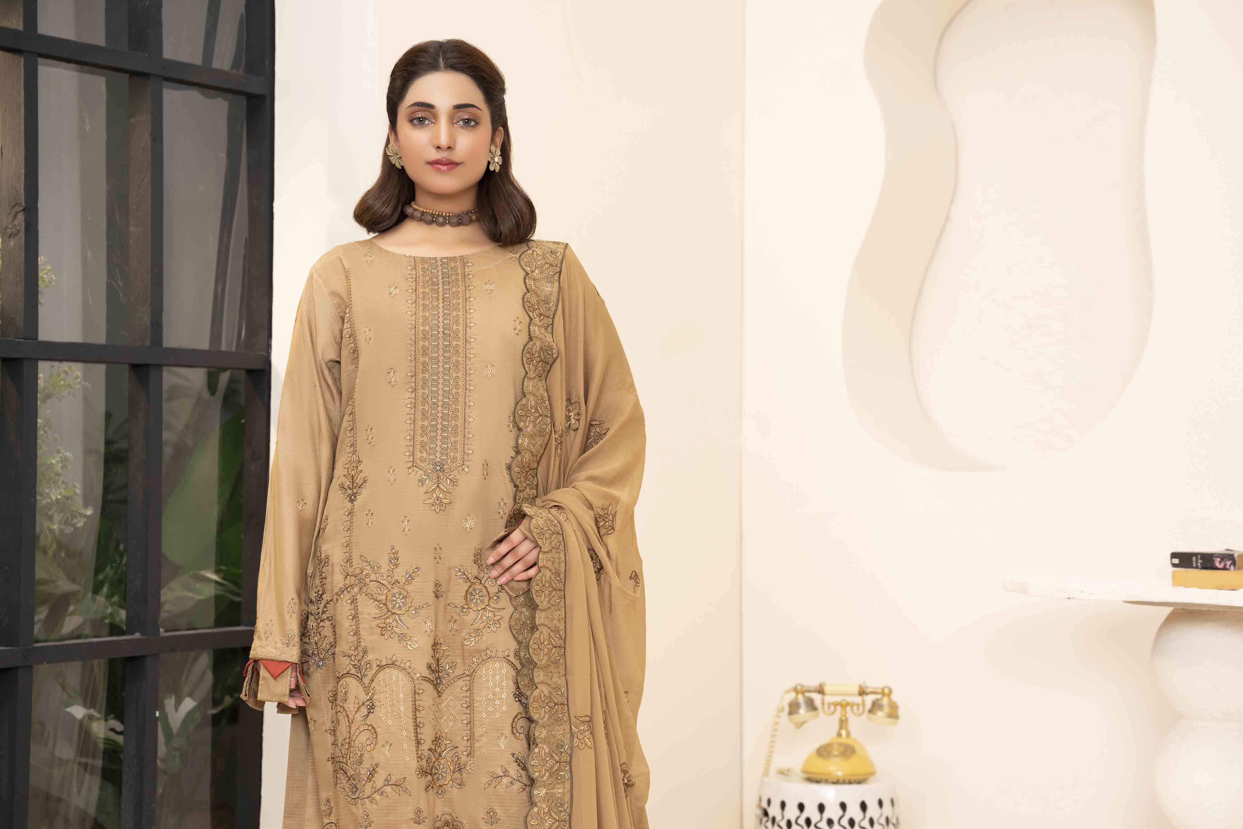 Luxury Beige 3 Pcs Embroidered Viscose Doria Suit