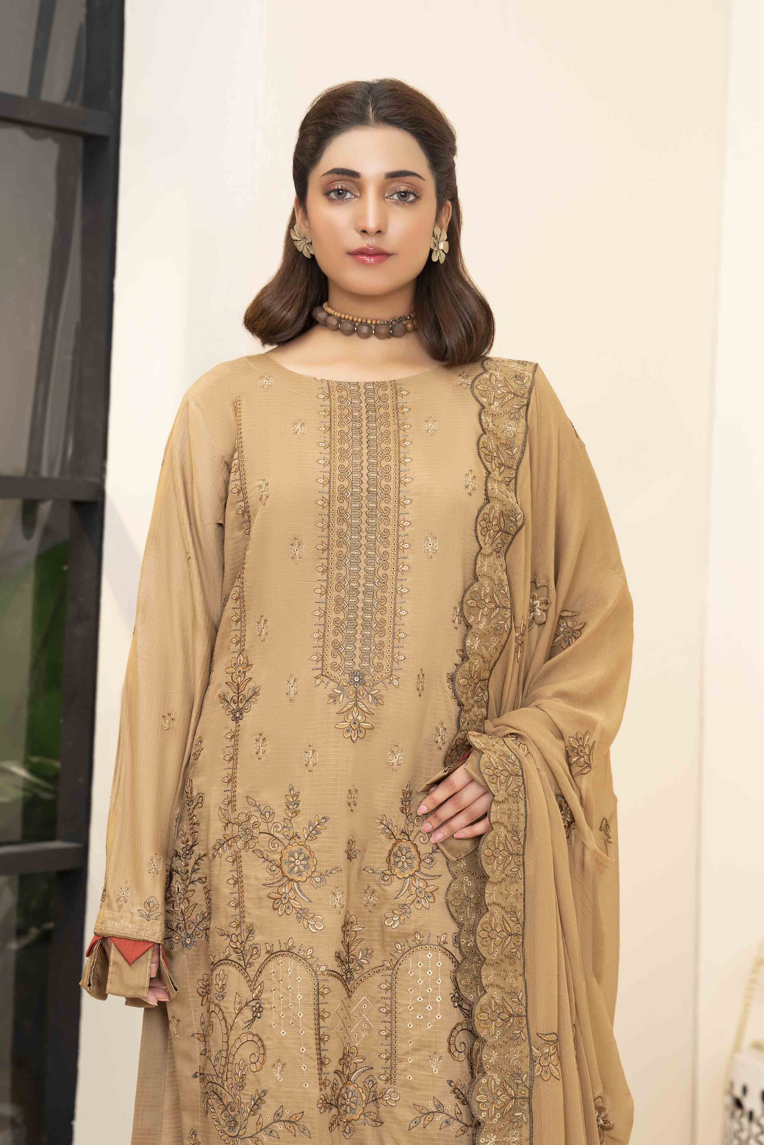 Luxury Beige 3 Pcs Embroidered Viscose Doria Suit