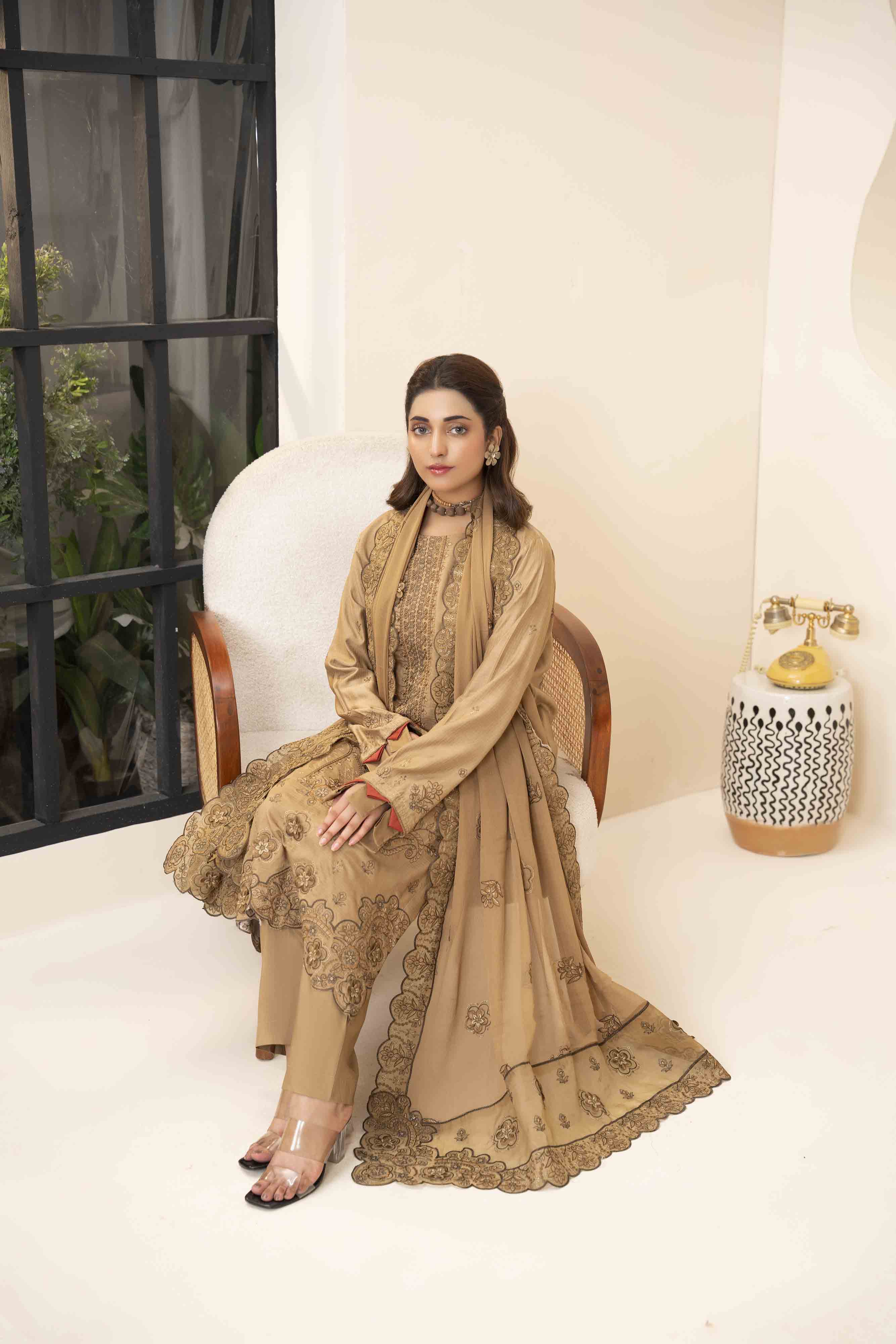 Luxury Beige 3 Pcs Embroidered Viscose Doria Suit