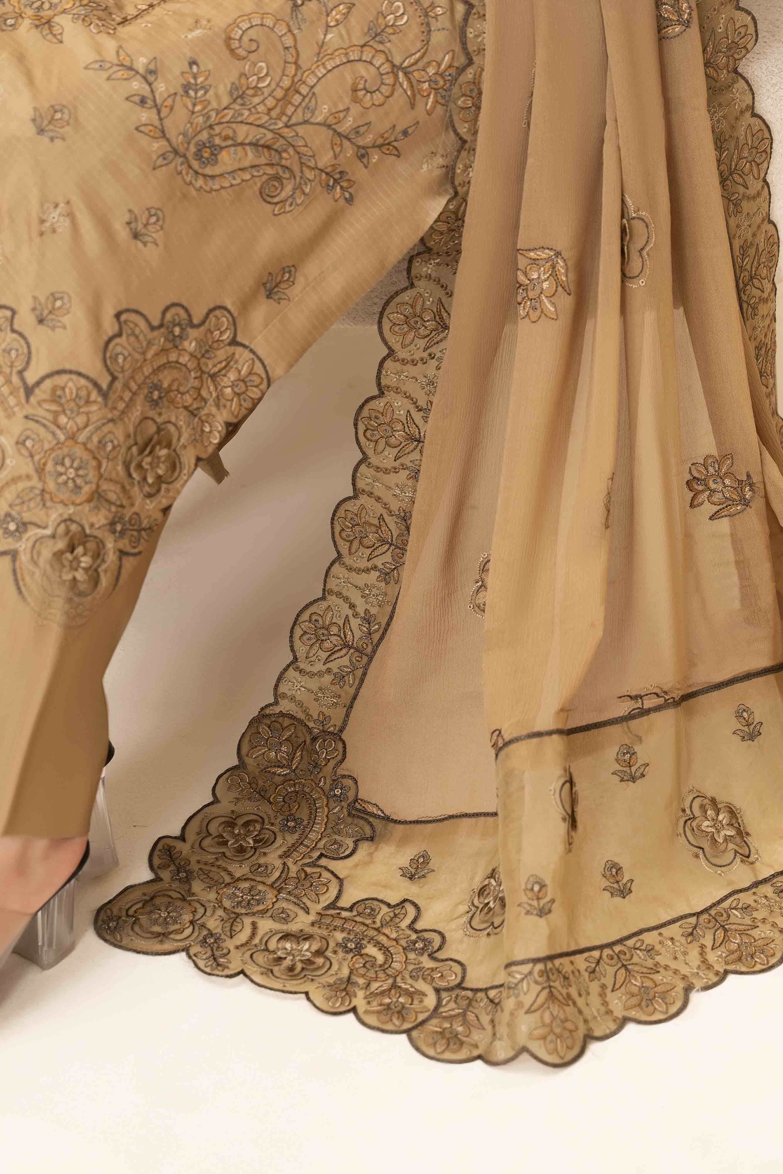 Luxury Beige 3 Pcs Embroidered Viscose Doria Suit