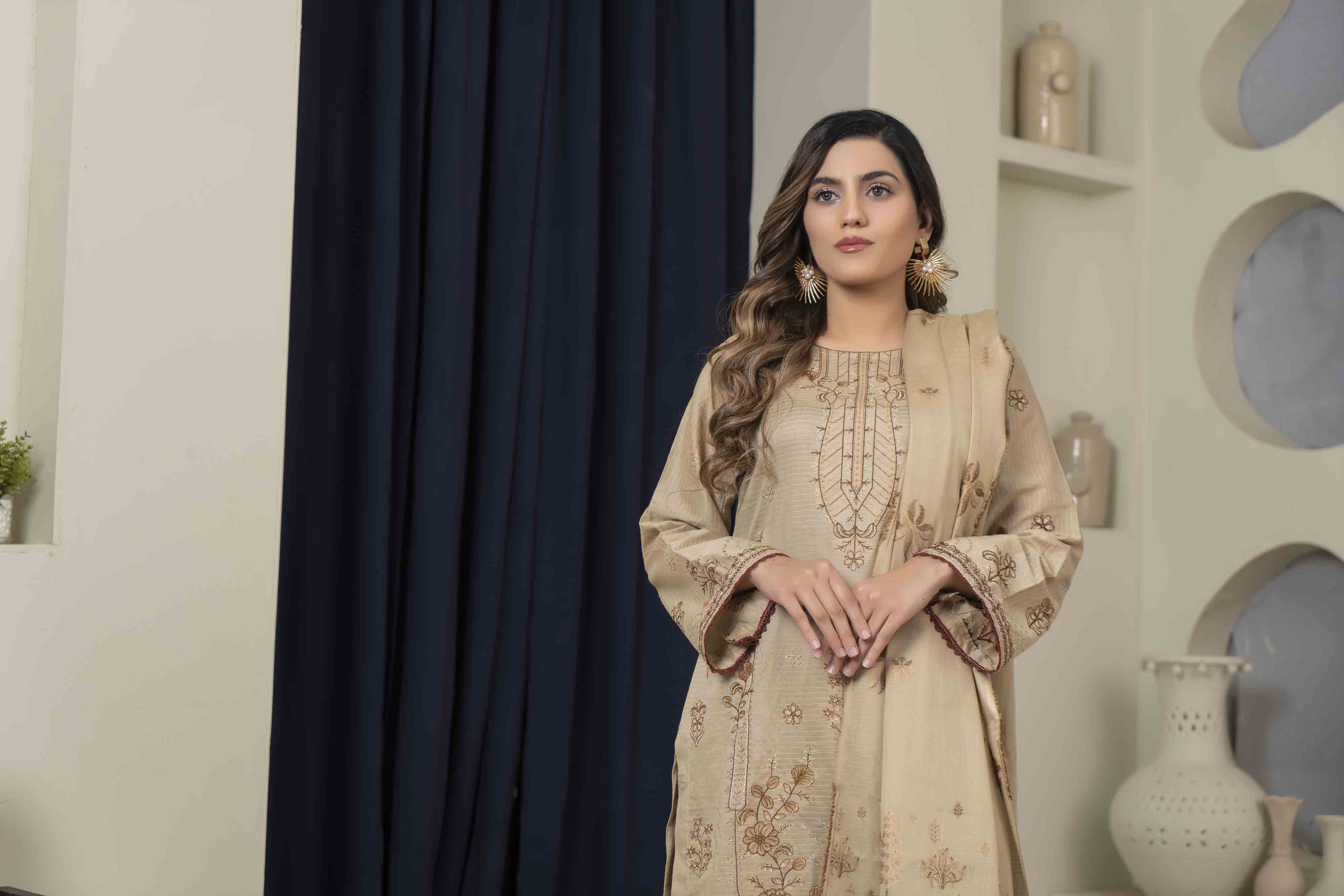 Luxury Beige Embroidered Doria 3 Pcs Lawn Set