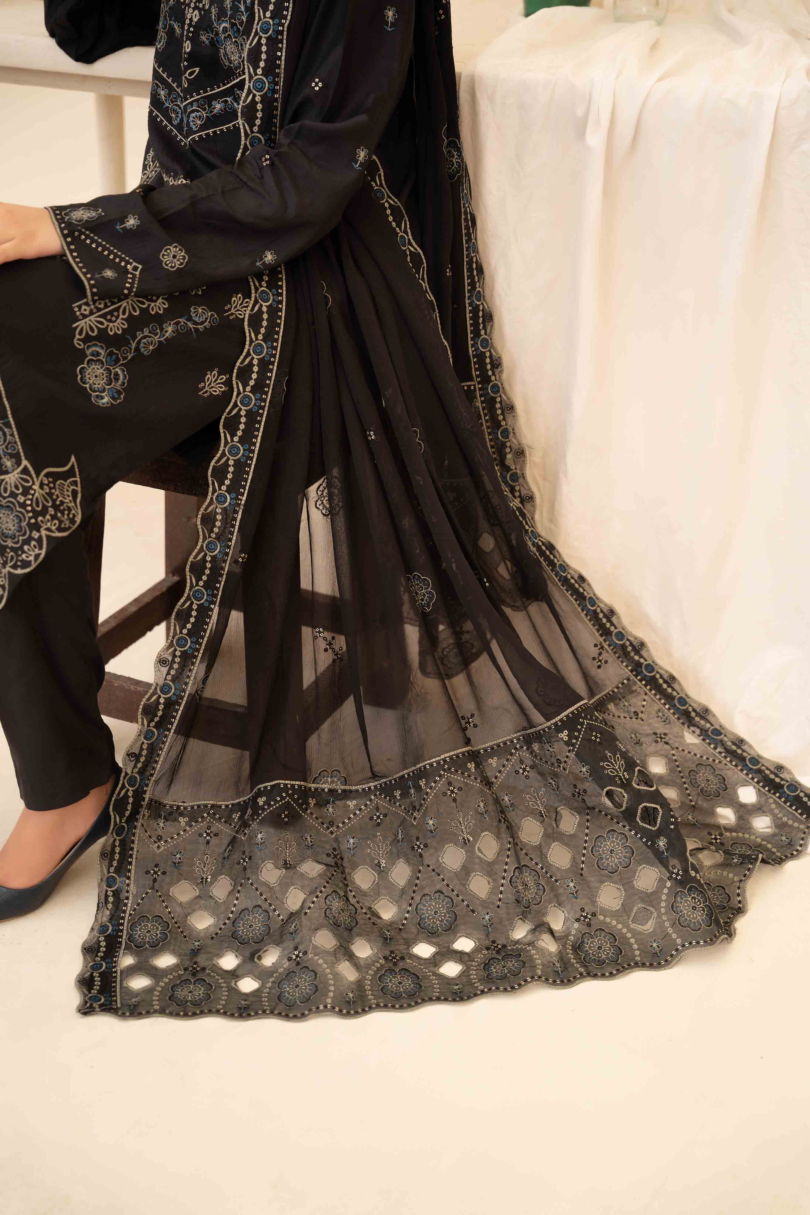 Luxury Black 3 Pcs Doria Embroidered Viscose Suit