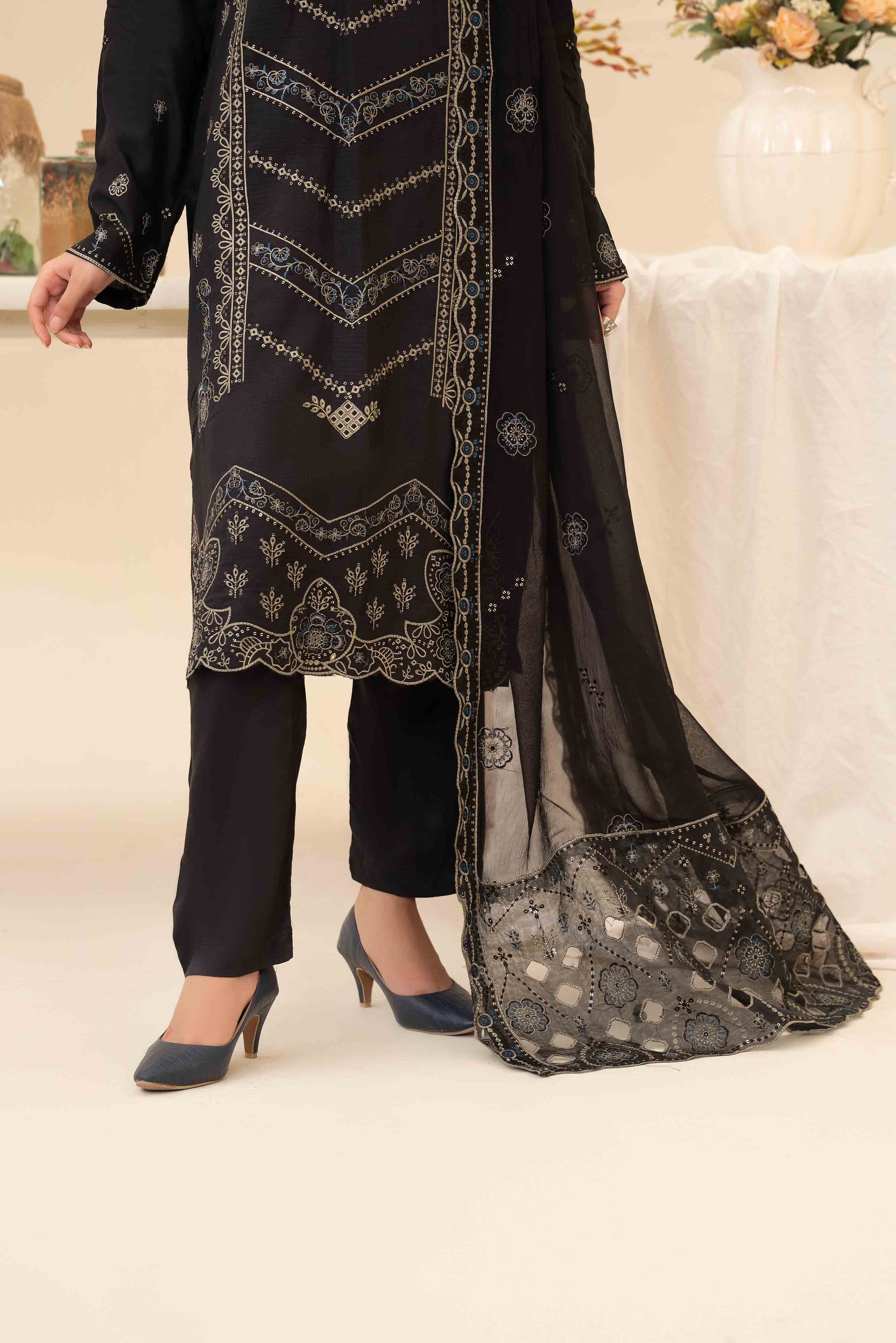 Luxury Black 3 Pcs Doria Embroidered Viscose Suit