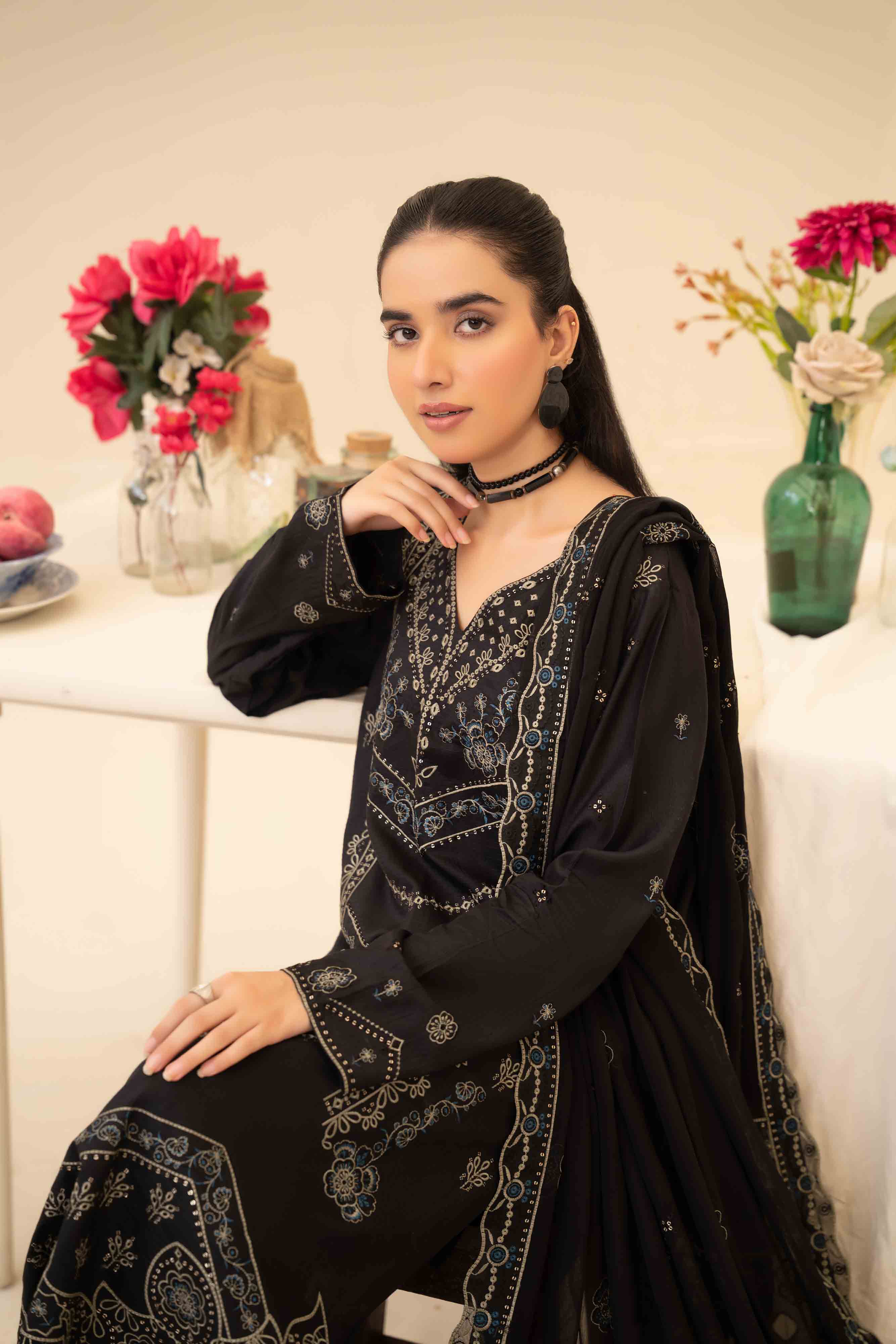 Luxury Black 3 Pcs Doria Embroidered Viscose Suit