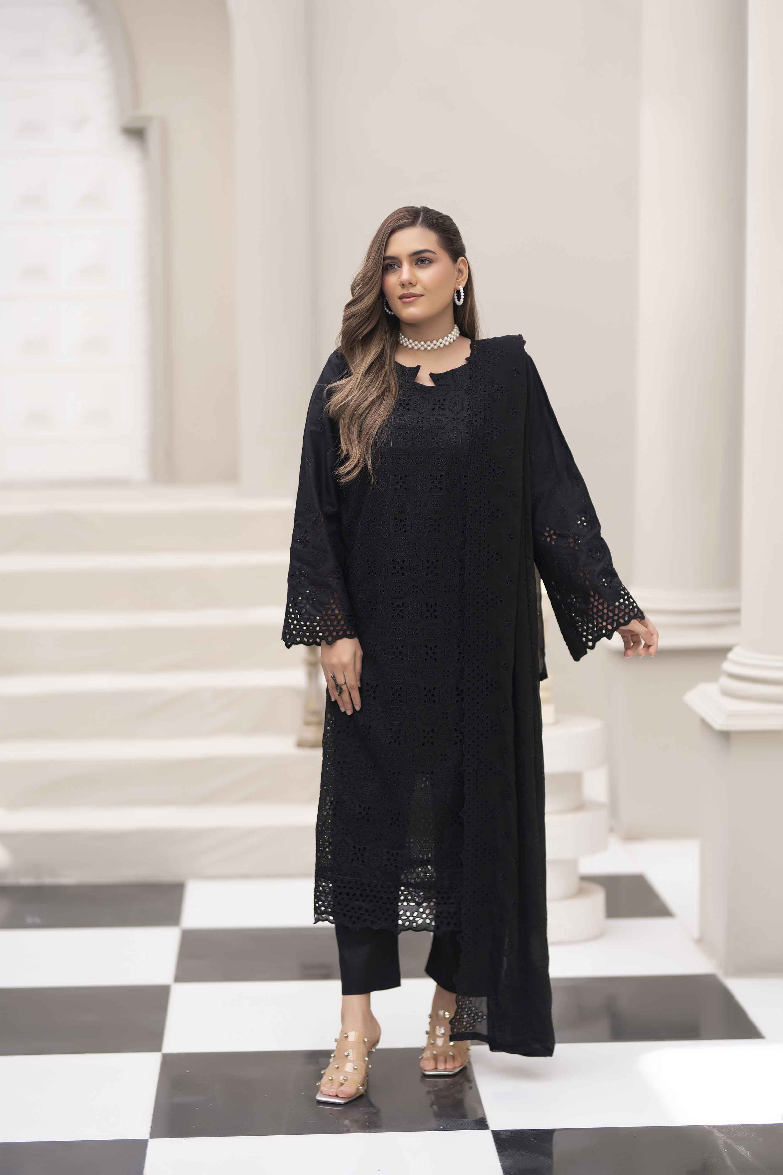 Luxury Black 3 Pcs Schiffli Embroidered Luxury Lawn Set