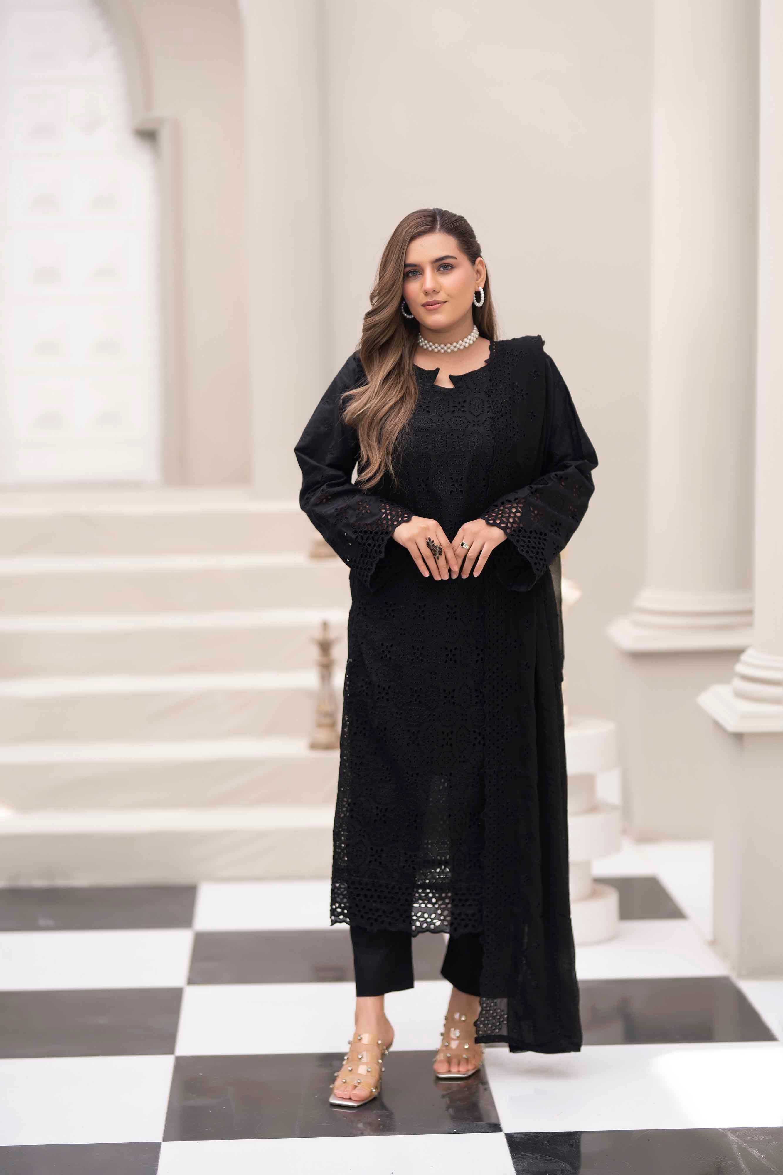 Luxury Black 3 Pcs Schiffli Embroidered Luxury Lawn Set