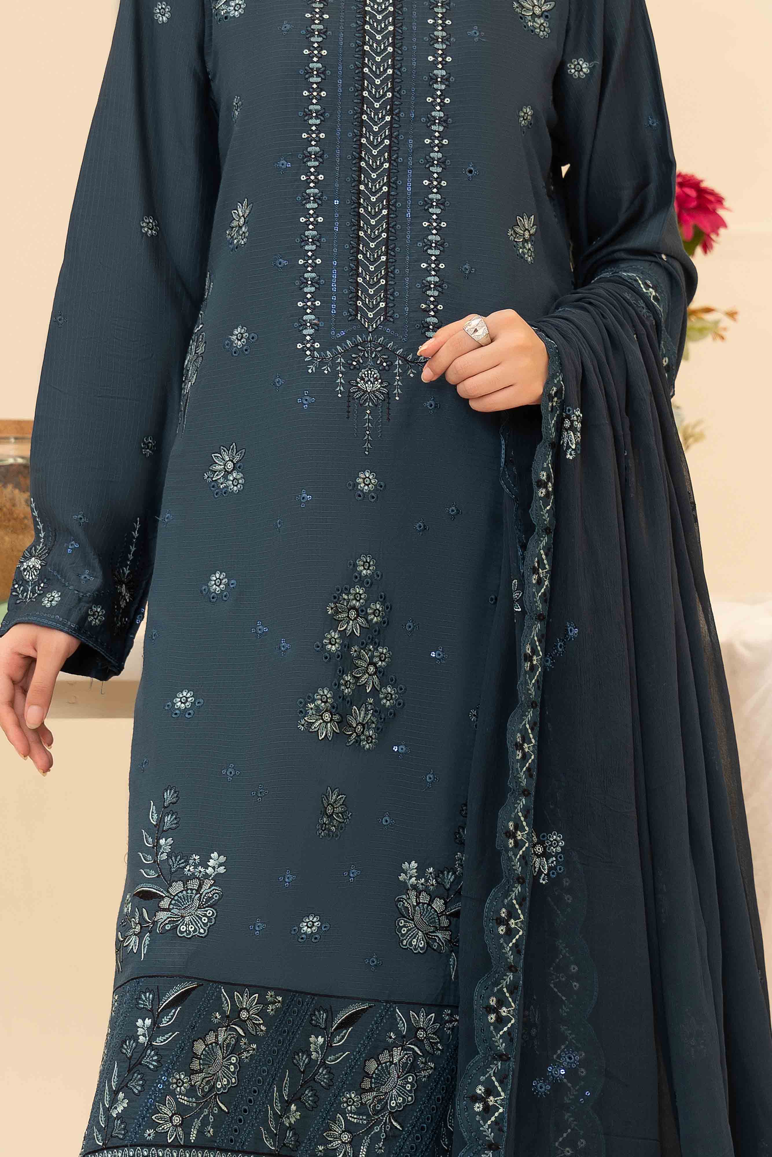 Luxury Blue 3 Pcs Doria Embroidered Viscose Suit