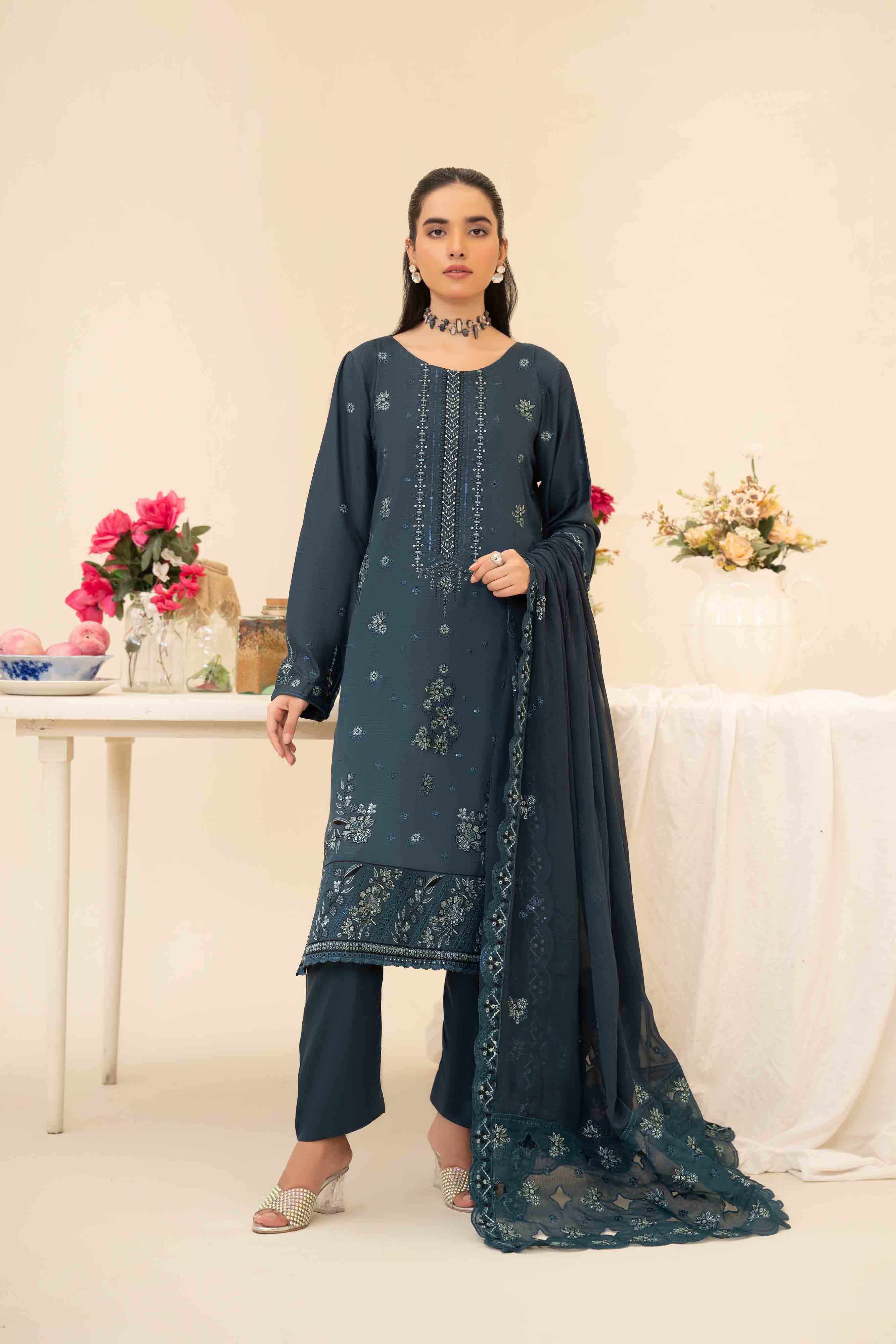 Luxury Blue 3 Pcs Doria Embroidered Viscose Suit