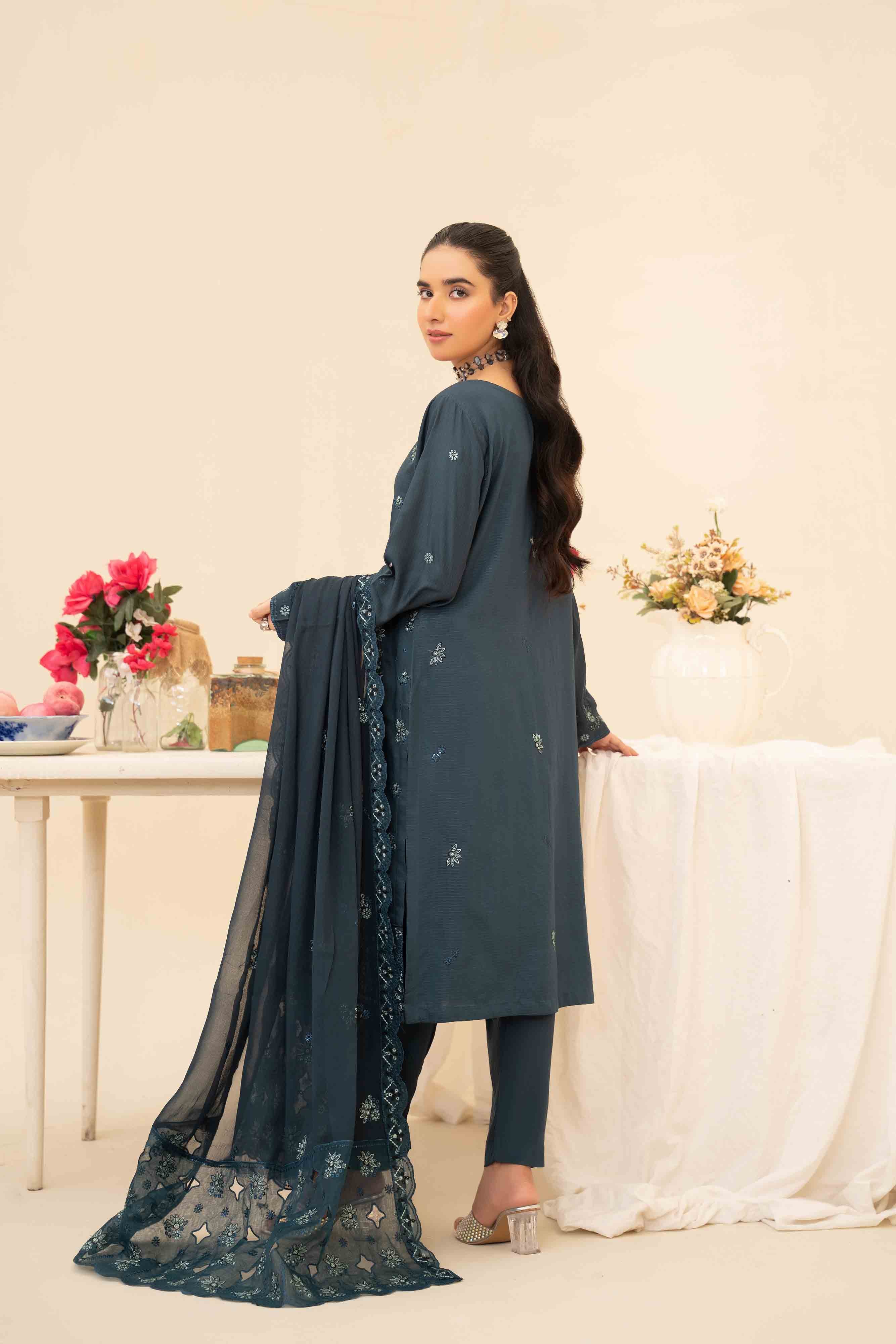 Luxury Blue 3 Pcs Doria Embroidered Viscose Suit