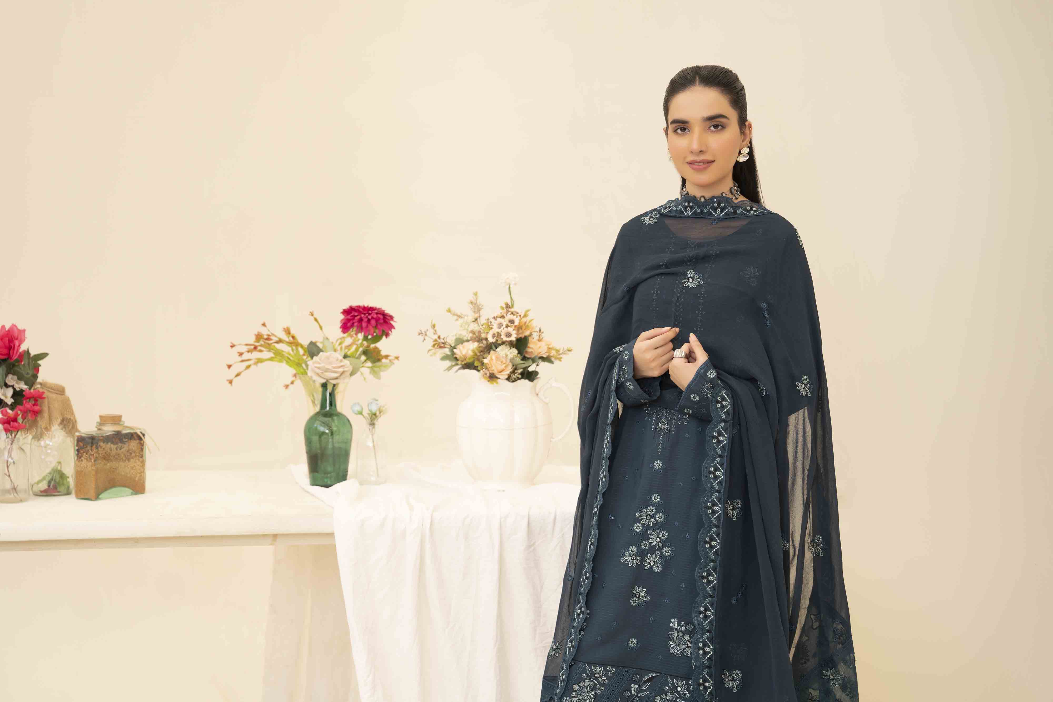 Luxury Blue 3 Pcs Doria Embroidered Viscose Suit