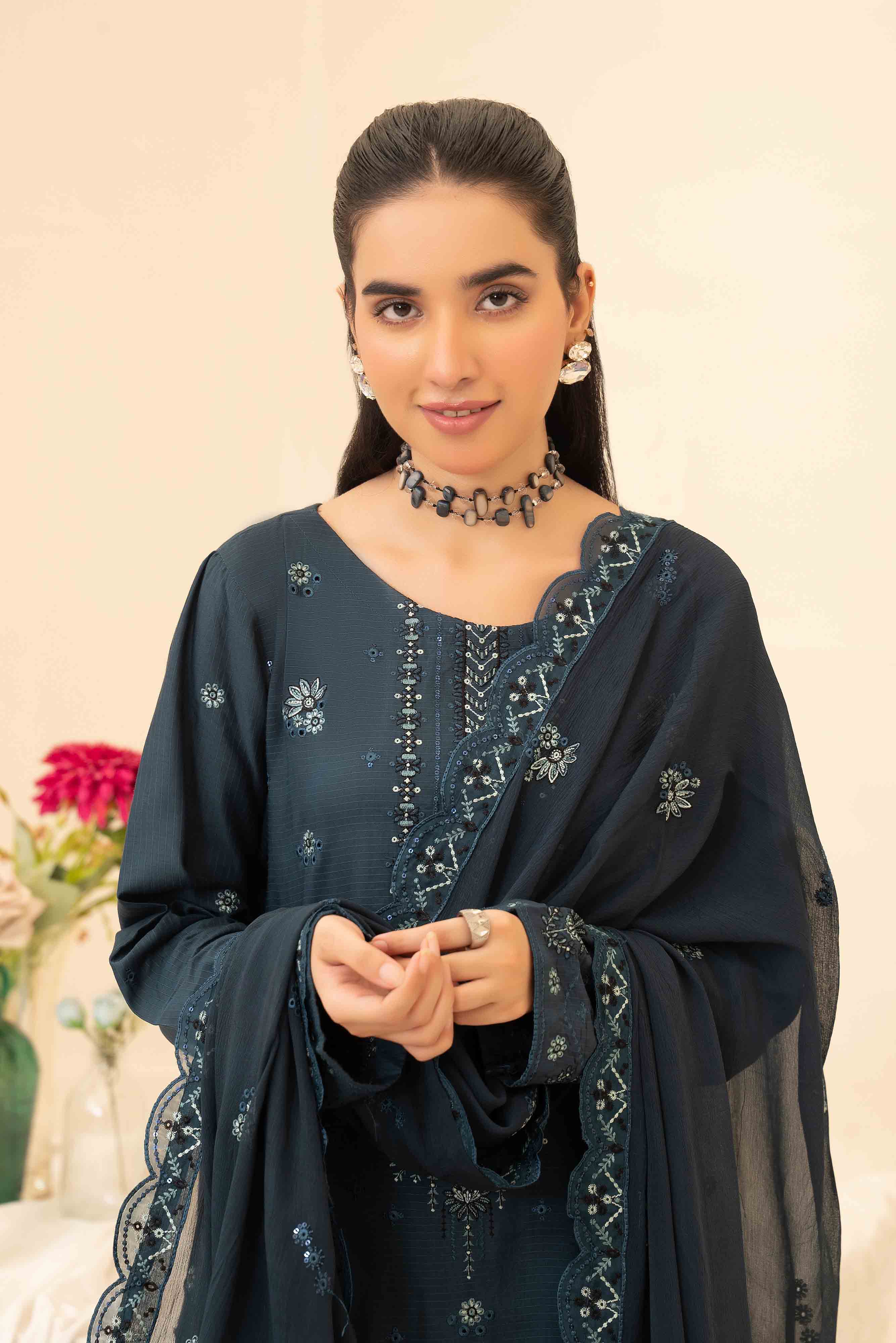 Luxury Blue 3 Pcs Doria Embroidered Viscose Suit