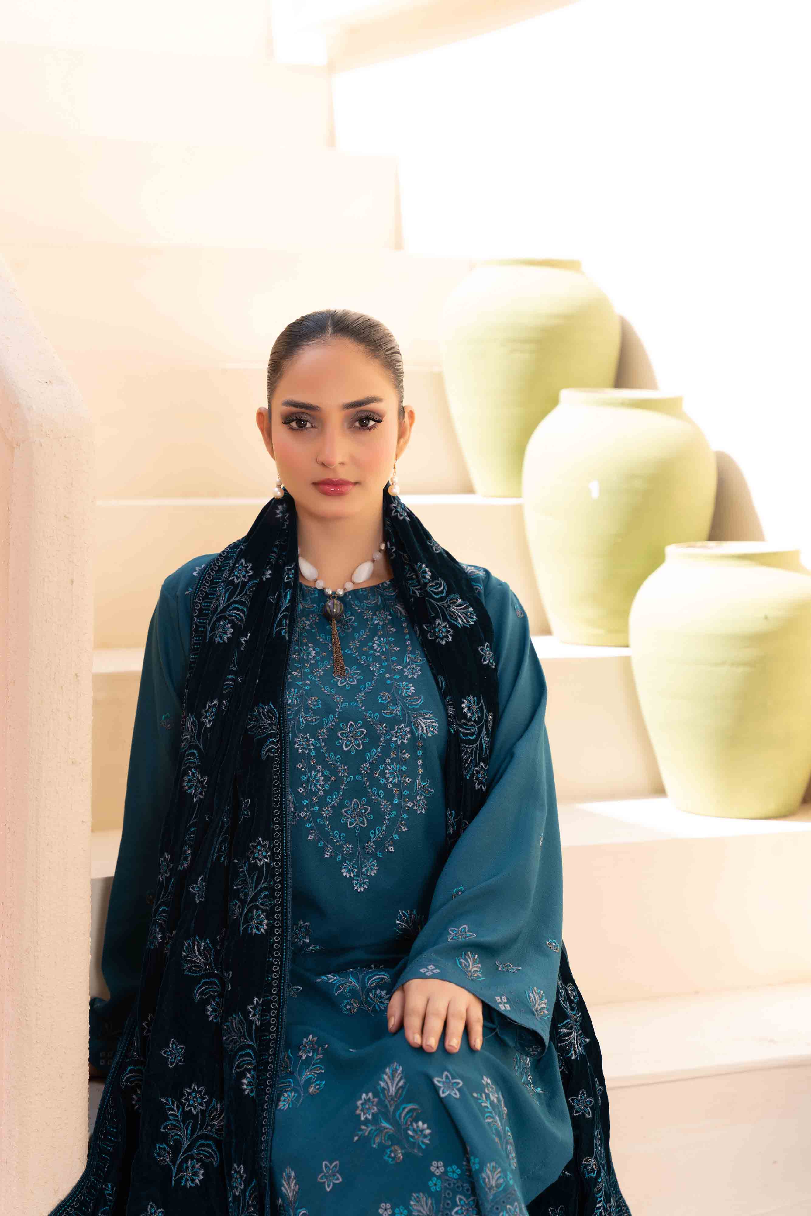 Luxury Blue 3 Pcs Embroidered Dhanak Set