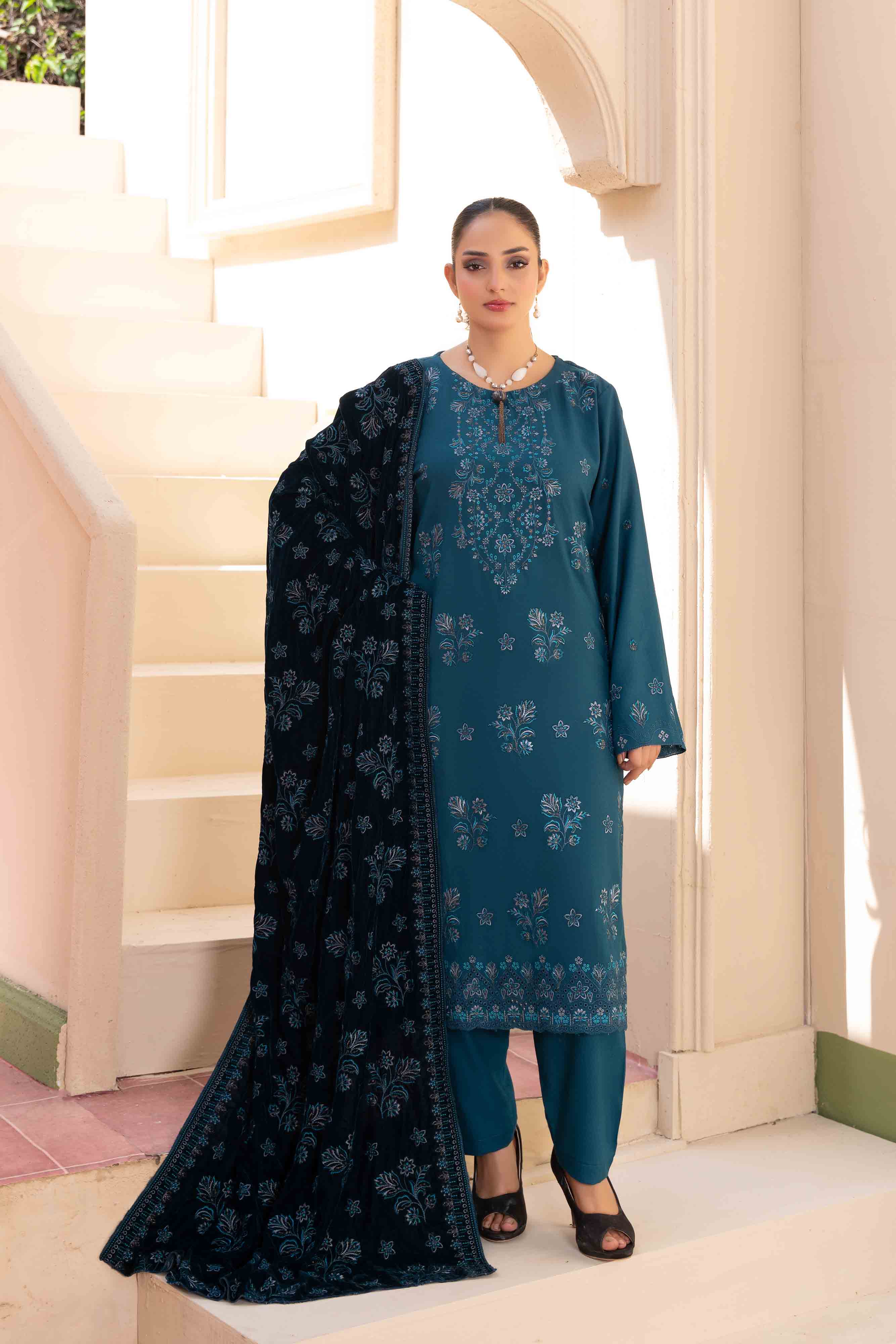 Luxury Blue 3 Pcs Embroidered Dhanak Set